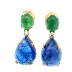 Contemporary 18K Gold Tanzanite, Tsavorite Garnet, and Diamond Drop Earrings