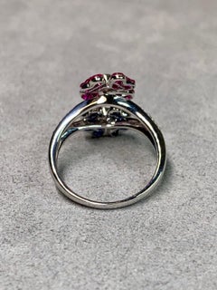 Contemporary 18K Invisibly Set Ruby Sapphire Double Flower Diamond Ring Sz 6.75