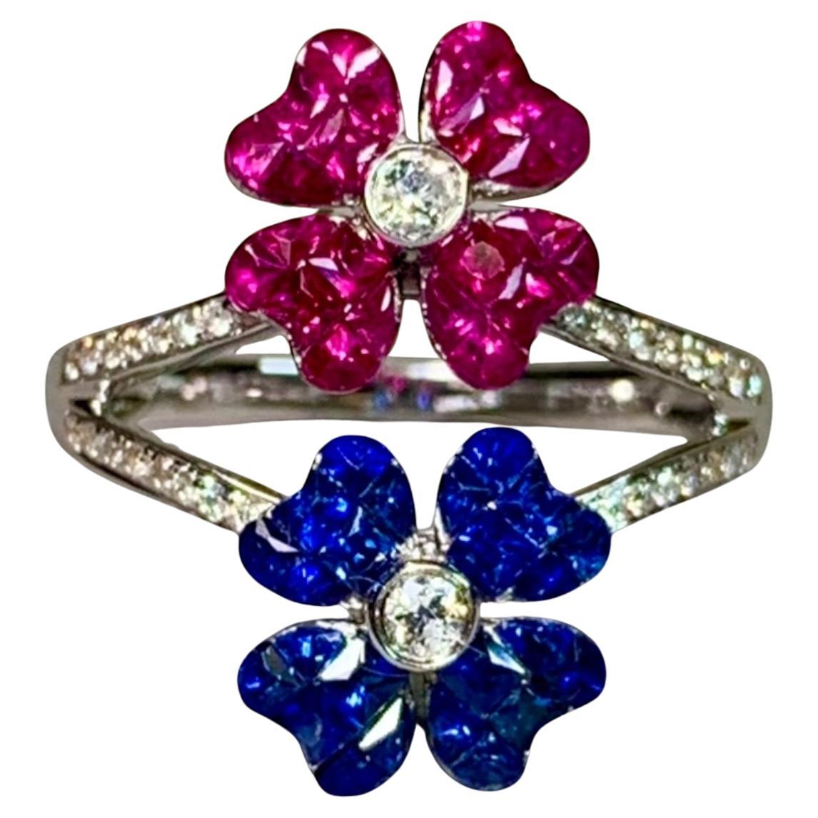 Contemporary 18K Invisibly Set Ruby Sapphire Double Flower Diamond Ring Sz 6.75 im Angebot