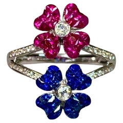 Contemporary 18K Invisibly Set Ruby Sapphire Double Flower Diamond Ring Sz 6.75 Contemporary 18K Invisibly Set Ruby Sapphire Double Flower Diamond Ring Sz 6.75