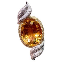 Contemporary 18K Oval Citrine Pave Diamond Halo Large Pendant Necklace 42.95ctw