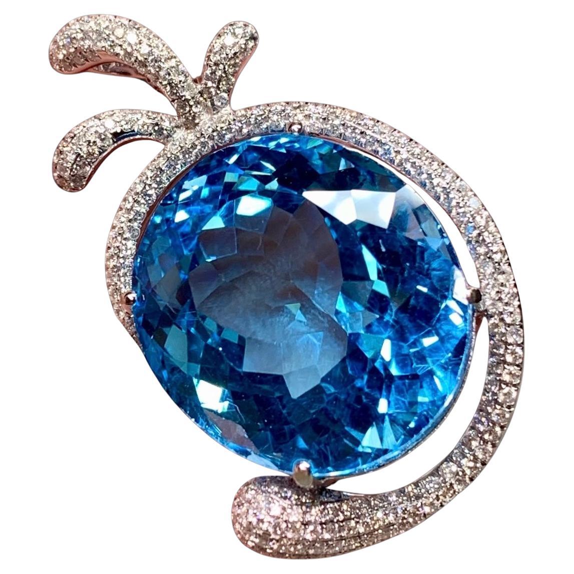 Contemporary 18K Oval Topaz Pave Diamond Large Freeform Pendant Necklace 47.54ct For Sale