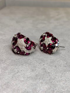 Contemporary 18K Rhodolite Granet & Diamond Shooting Star Huggie Earrings 19ctw
