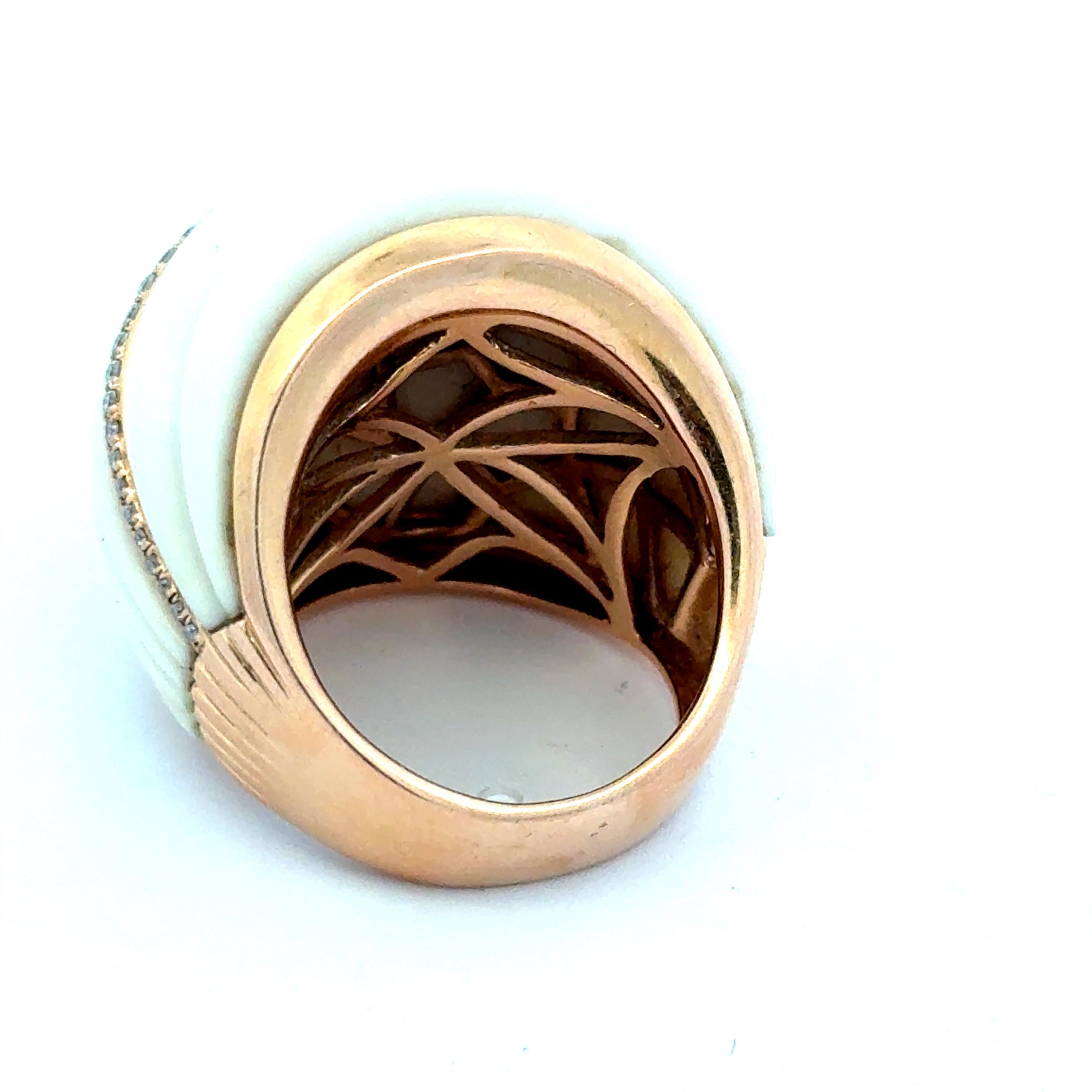 Round Cut Contemporary 18K Rose Gold Fluted White Coral Dome Ring with Diamond Band For Sale