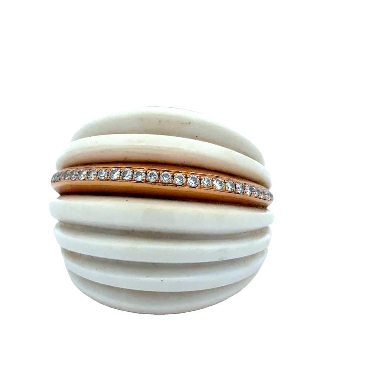 Women's or Men's Contemporary 18K Rose Gold Fluted White Coral Dome Ring with Diamond Band For Sale