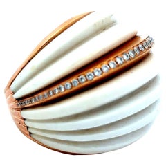 Contemporary 18K Rose Gold Fluted White Coral Dome Ring with Diamond Band