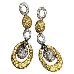 Contemporary 18K Two Tone Pavé Yellow Sapphire Diamond Oval Drop Earrings 3.96ct