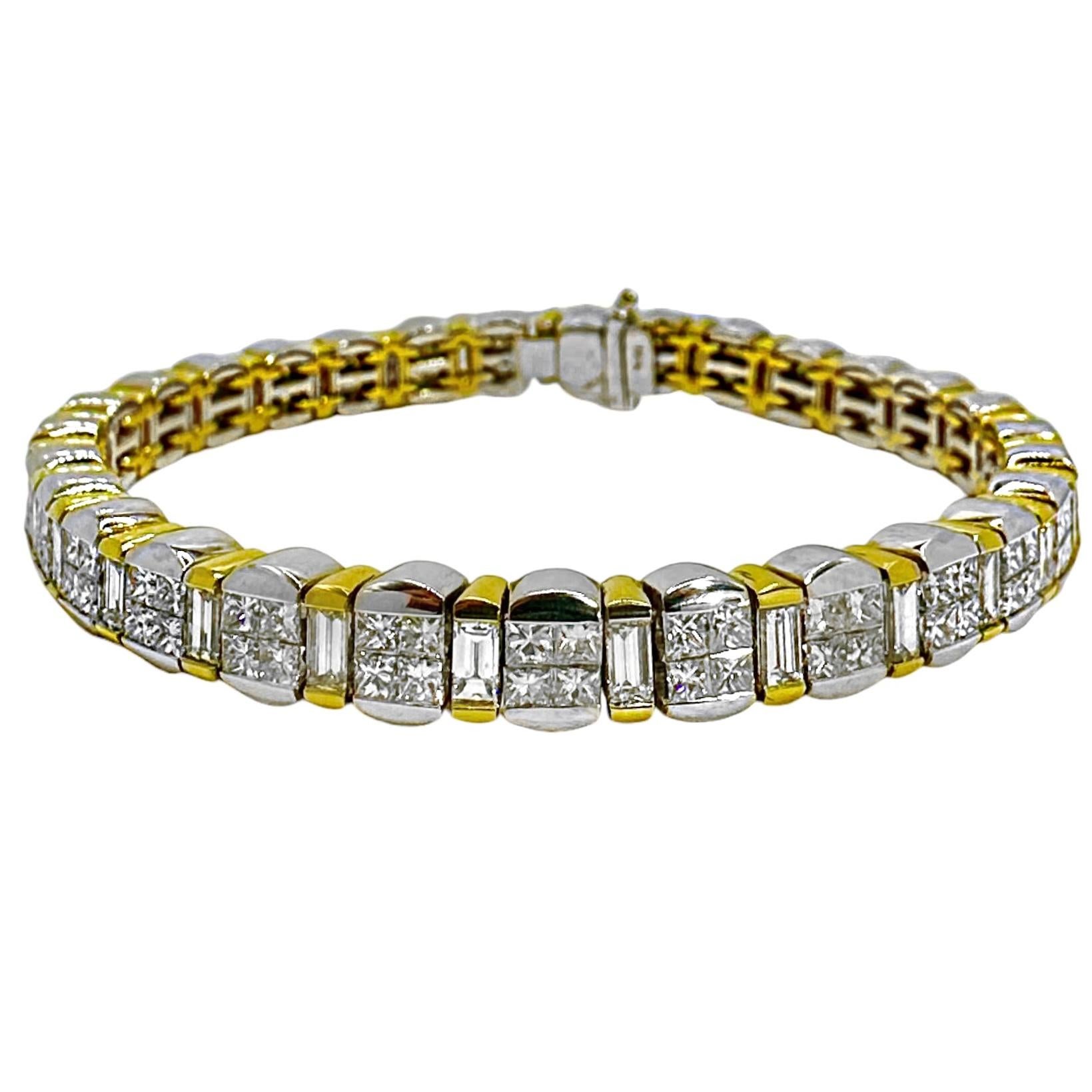 This impressive 18k gold diamond line bracelet is comprised of fifty eight alternating yellow and white gold links, all set with diamonds. Each white gold link is invisible set with four Princess cut diamonds and each yellow gold link is set with