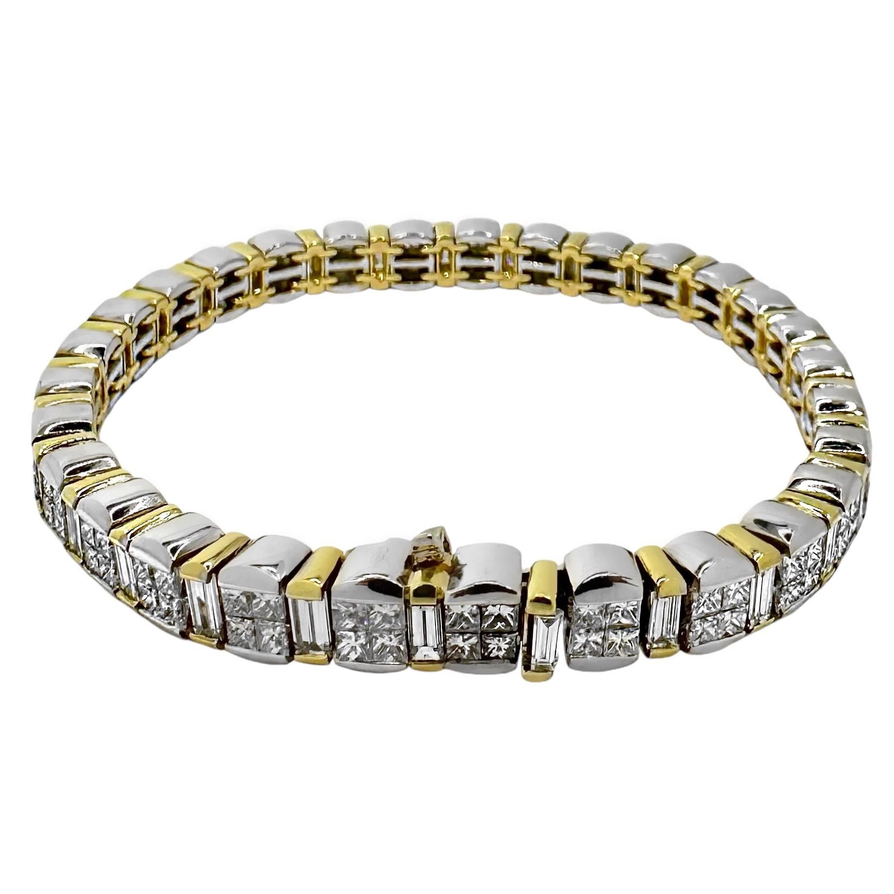 Princess Cut Contemporary 18k White and Yellow Gold Diamond Line Bracelet For Sale