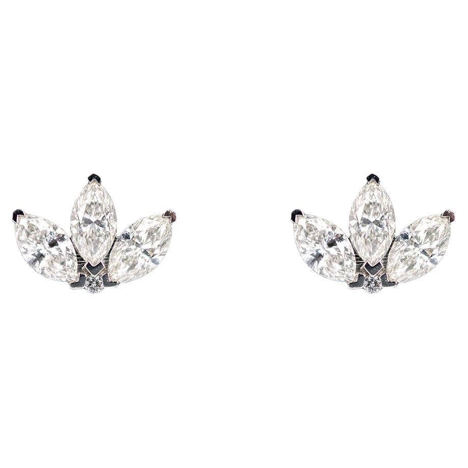 Marquise Cut Contemporary 18k White Gold and Diamond Flower Earring For Sale