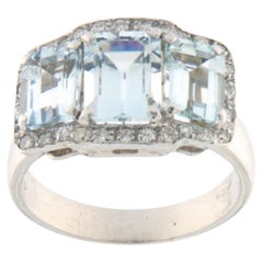 Contemporary 18k White Gold Aquamarine Diamond Trilogy Ring, Italy