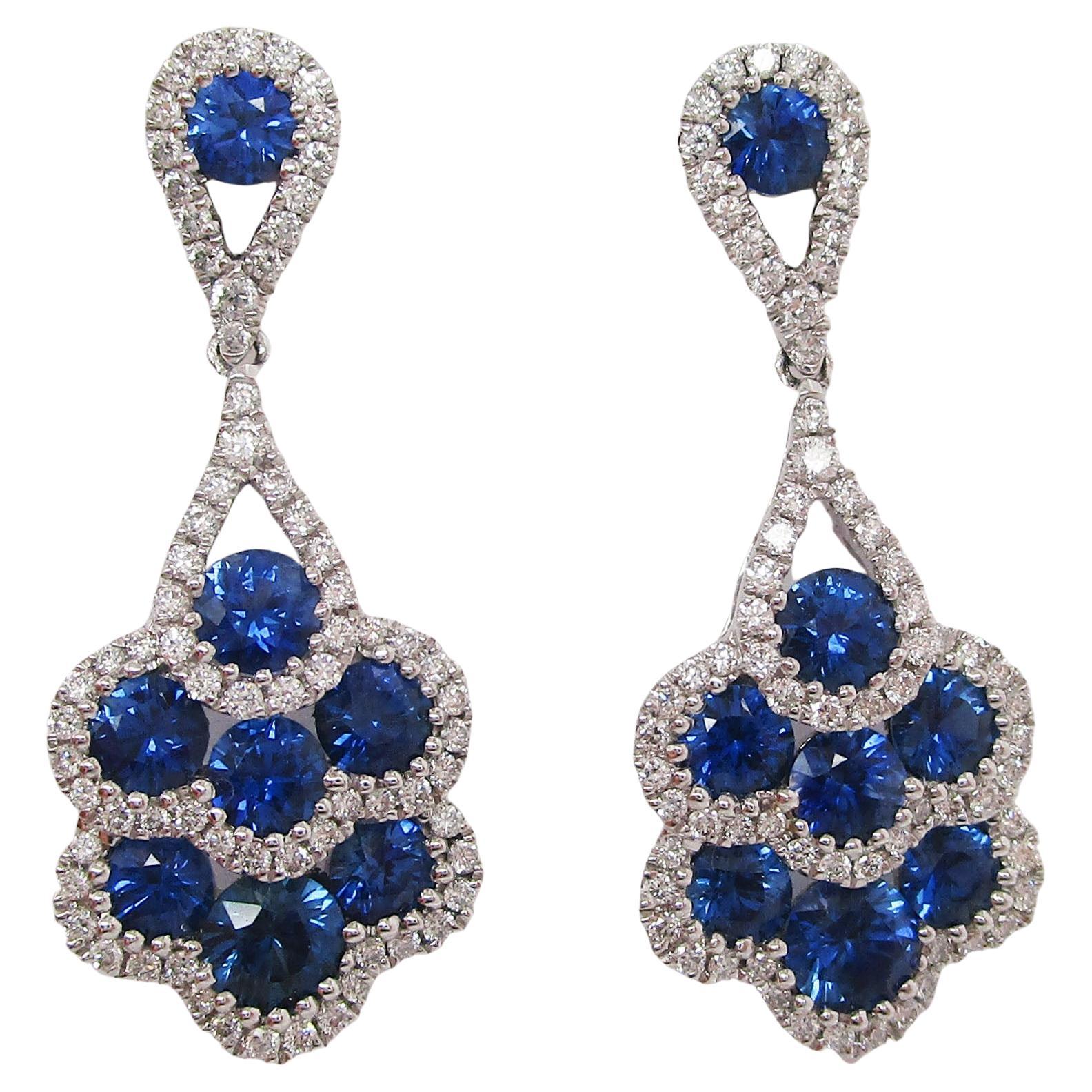 Contemporary 18k White Gold Blue Sapphire and Diamond Dangle Earrings