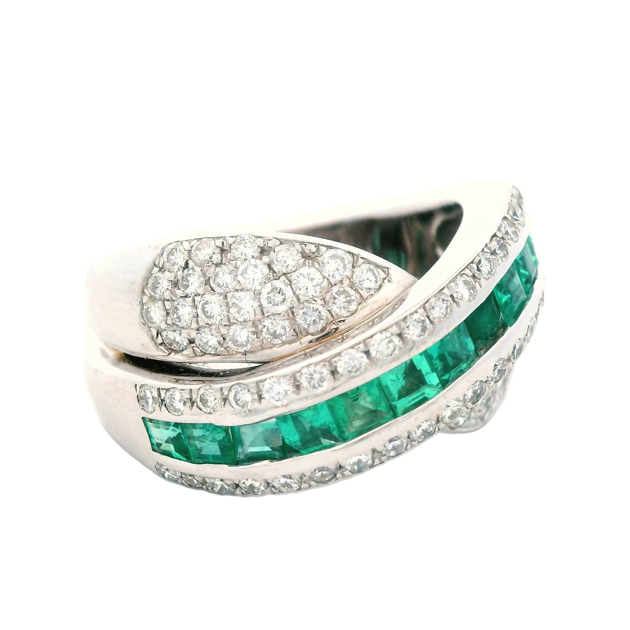 Square Cut Contemporary 18k White Gold Emerald & Diamond Ring For Sale