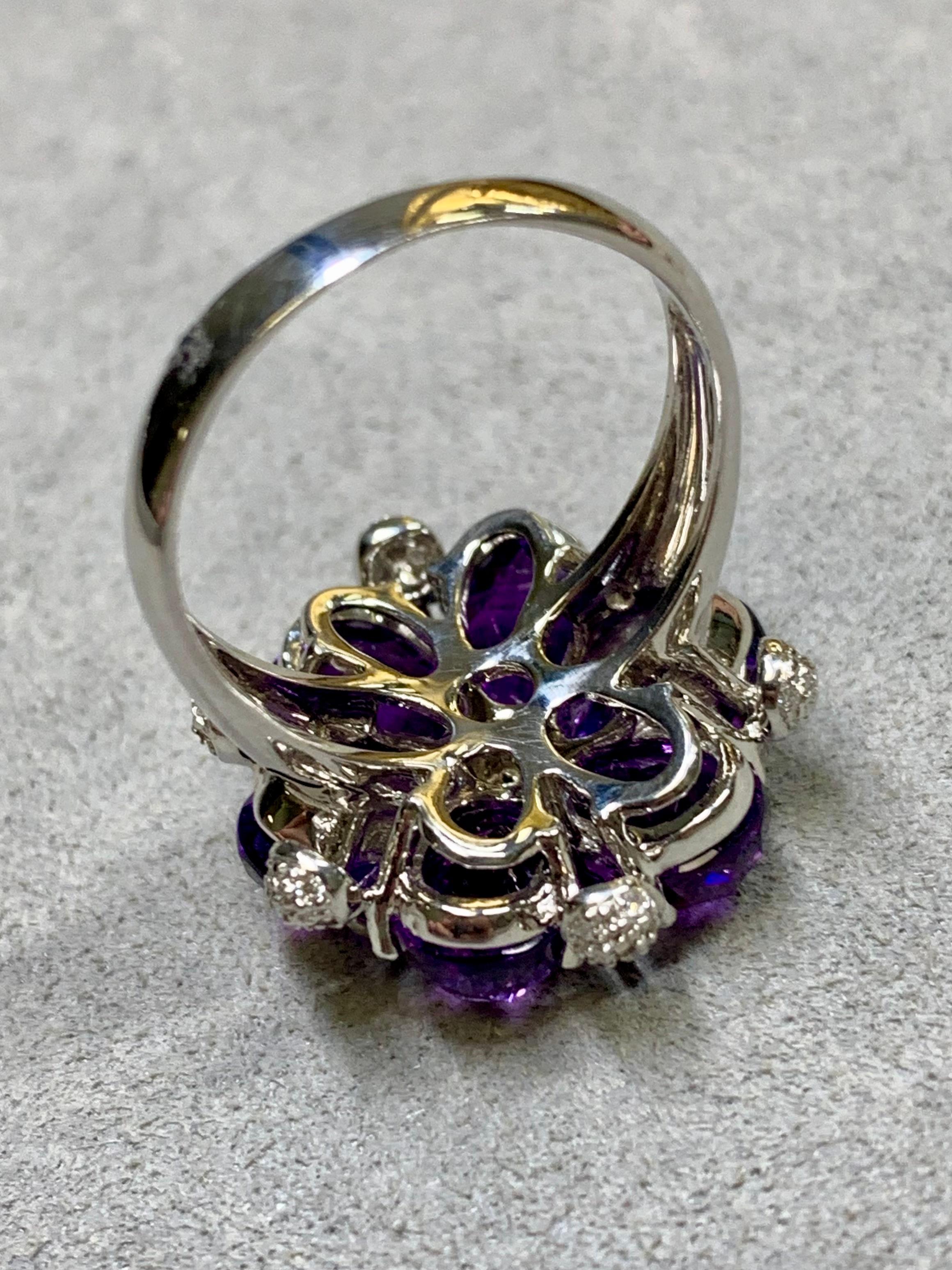 Women's or Men's Contemporary 18K White Gold Fancy Cut Amethyst Diamond Floral Cocktail Ring Sz 9 For Sale
