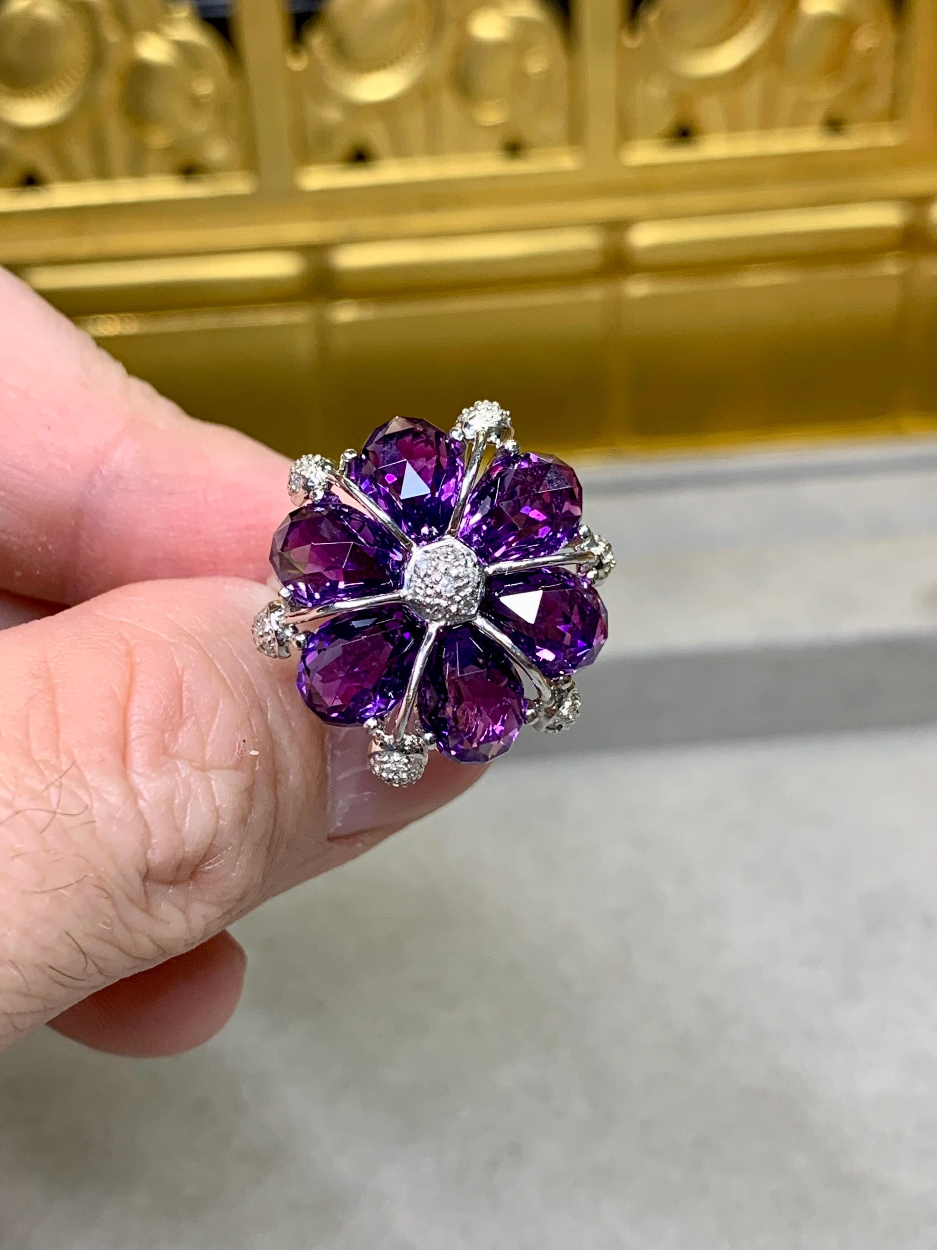 Contemporary 18K White Gold Fancy Cut Amethyst Diamond Floral Cocktail Ring Sz 9 For Sale 1