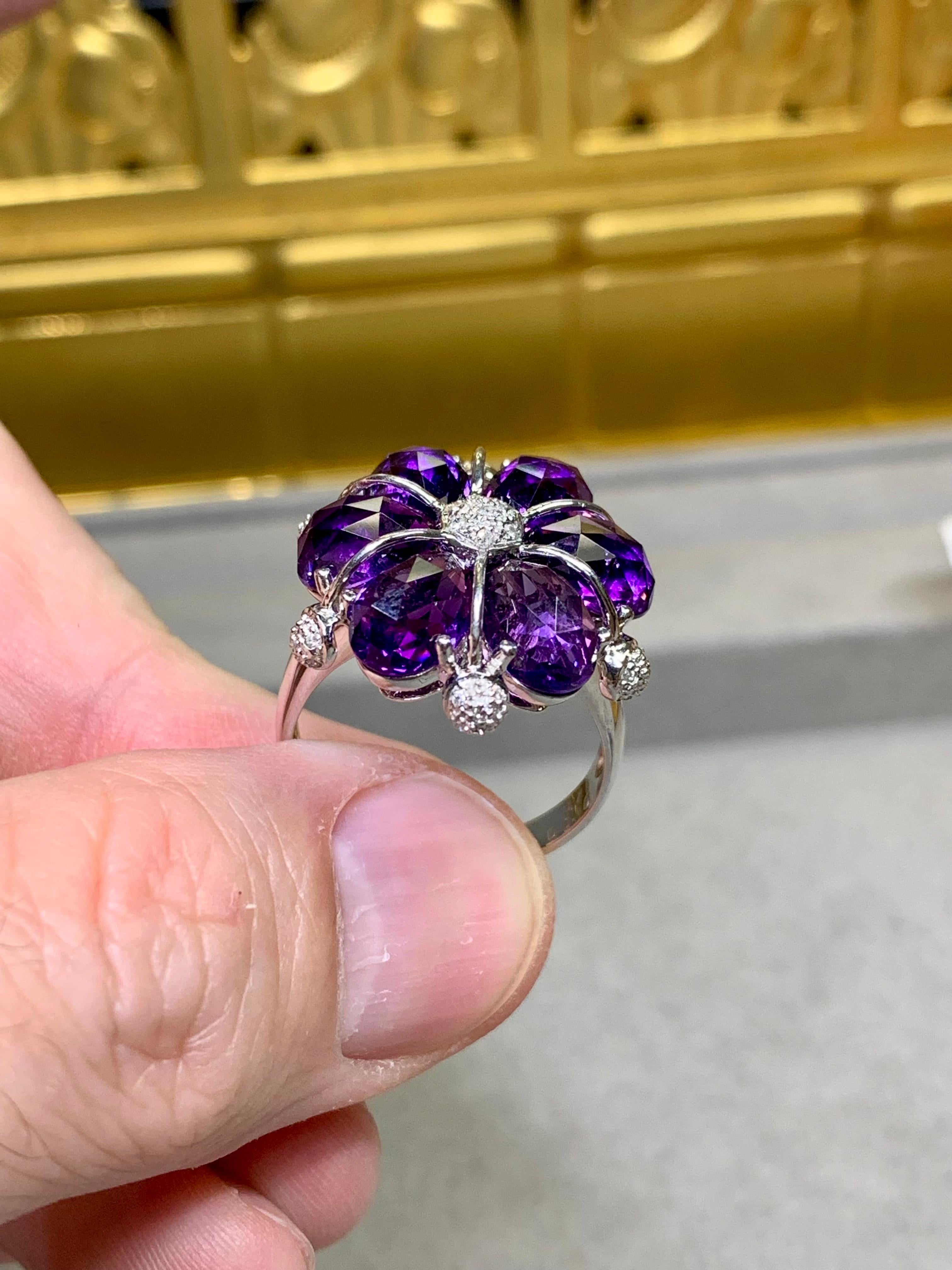 Contemporary 18K White Gold Fancy Cut Amethyst Diamond Floral Cocktail Ring Sz 9 For Sale 2