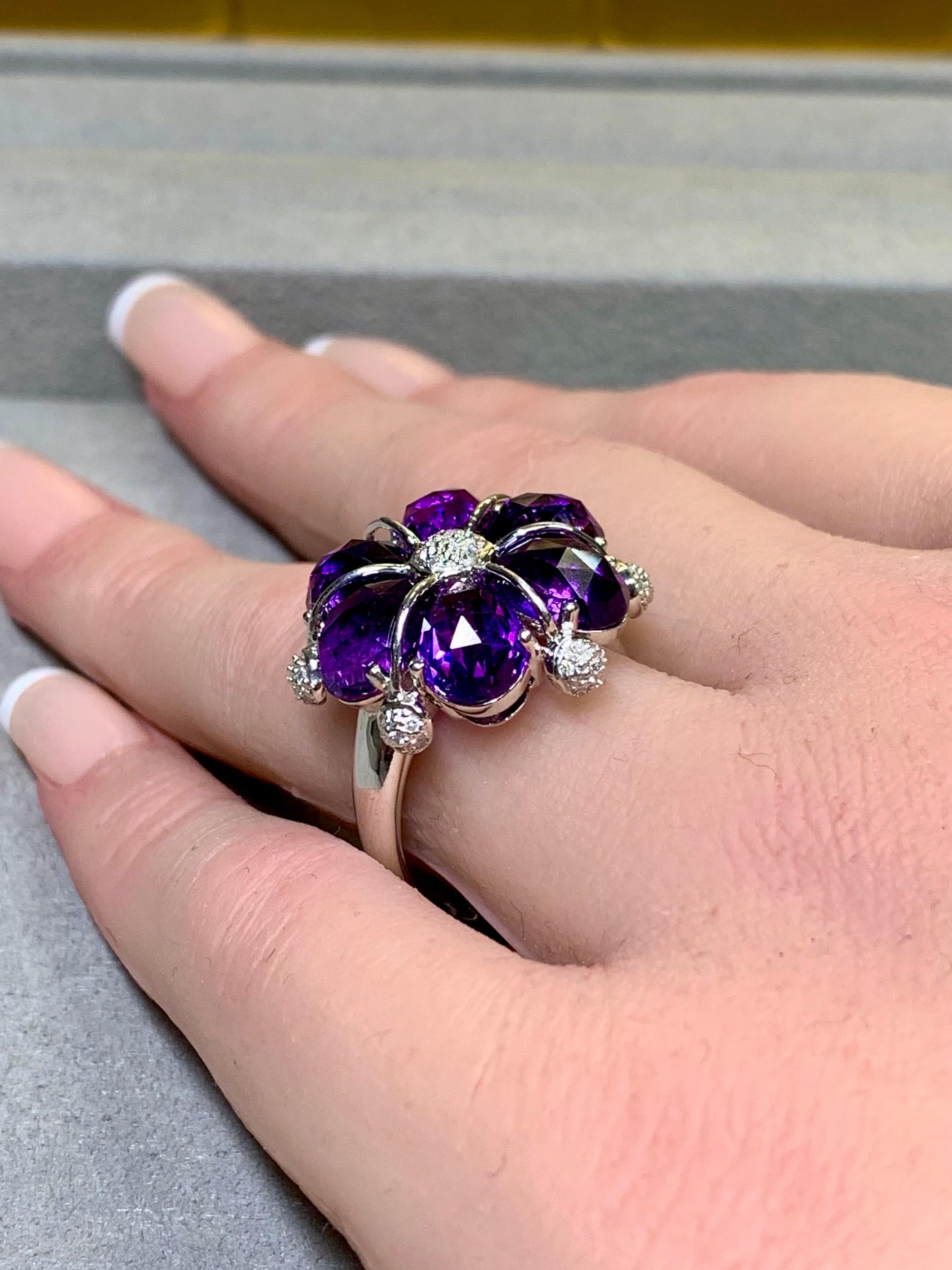 Contemporary 18K White Gold Fancy Cut Amethyst Diamond Floral Cocktail Ring Sz 9 For Sale 4