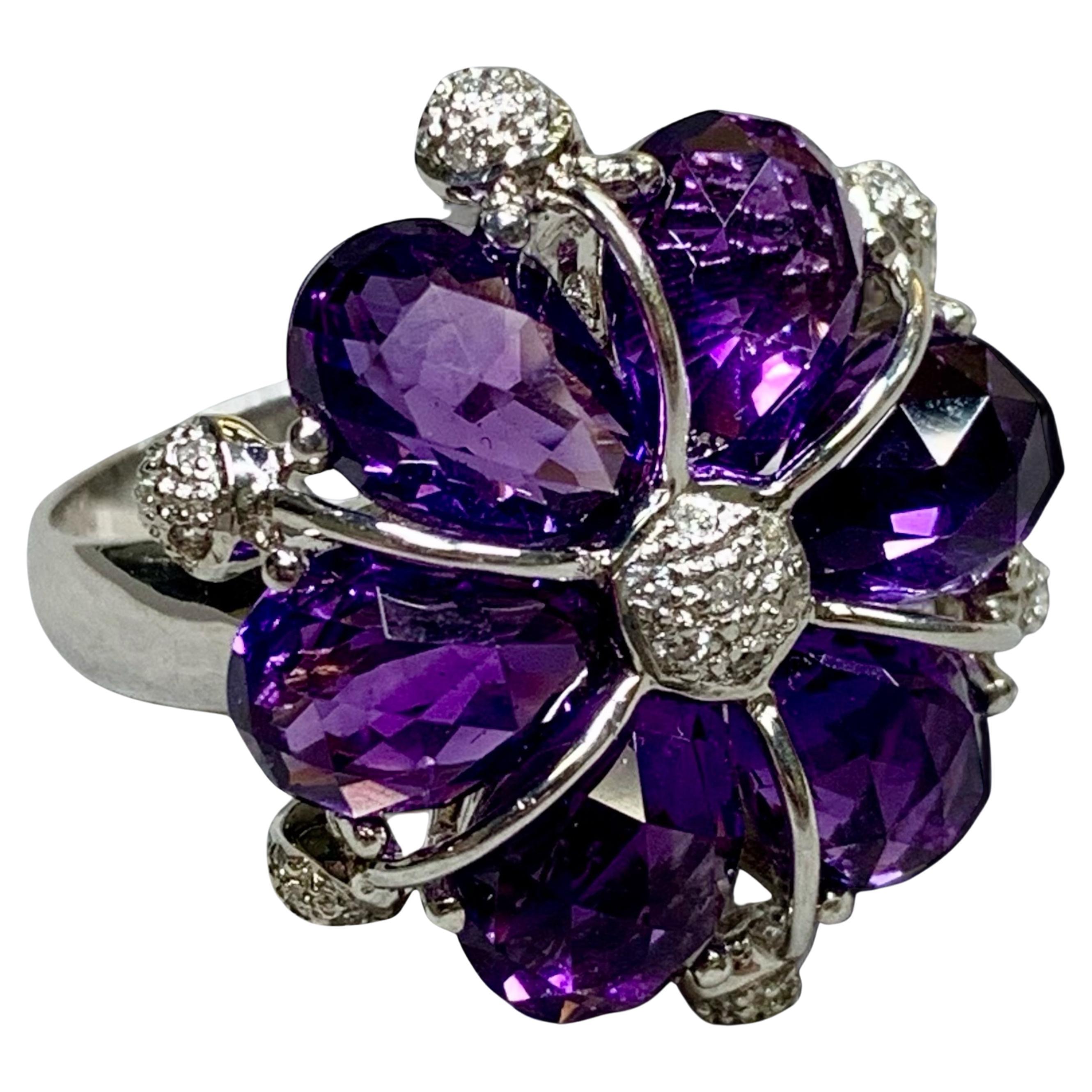 Contemporary 18K White Gold Fancy Cut Amethyst Diamond Floral Cocktail Ring Sz 9 For Sale