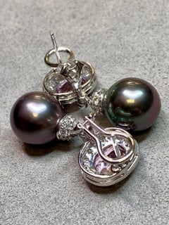 Contemporary 18K White Gold Kunzite Diamond Tahitian Pearl Drop Earrings 6.70ctw