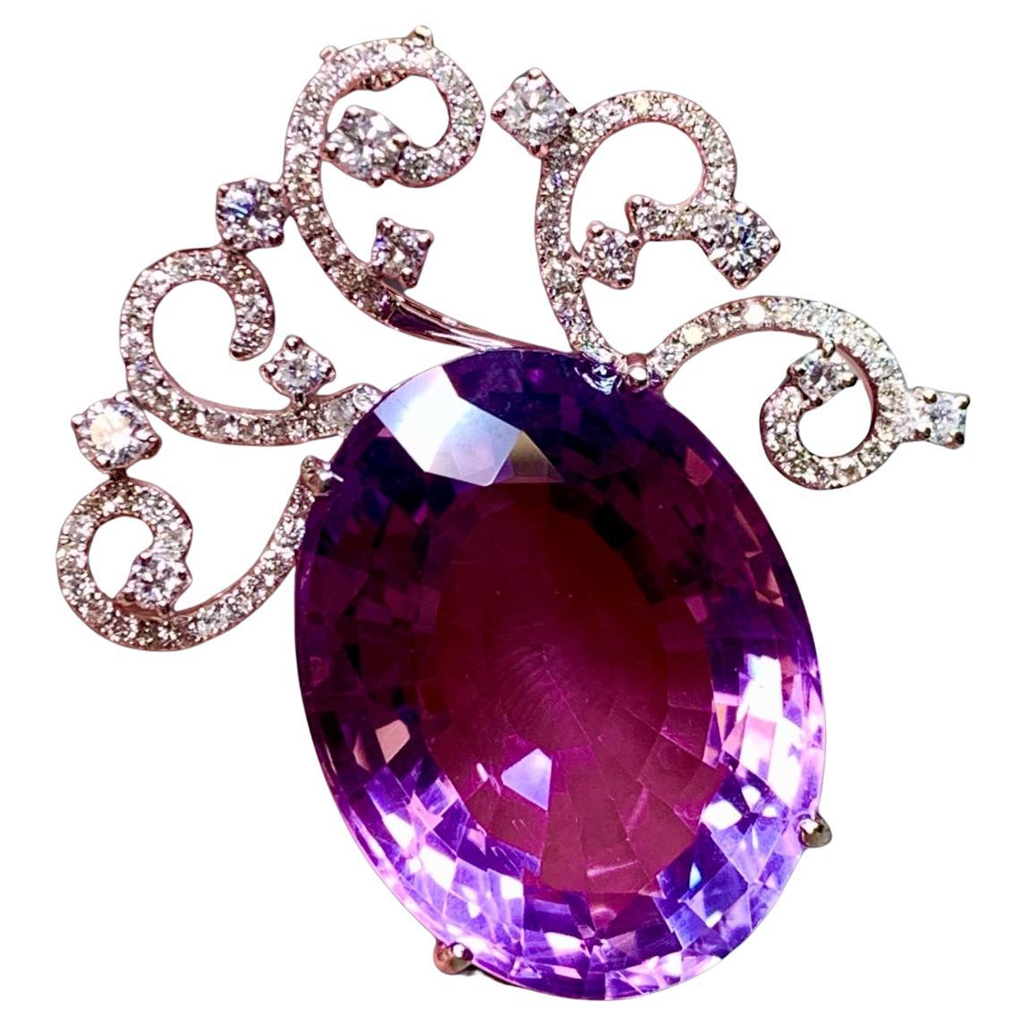 Contemporary 18K White Gold Large Amethyst Diamond Swirl Pendant Necklace 18” For Sale