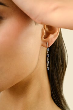 Contemporary 18K White Gold linear Drop Earrings with 1.78Ct Sapphire & Diamond