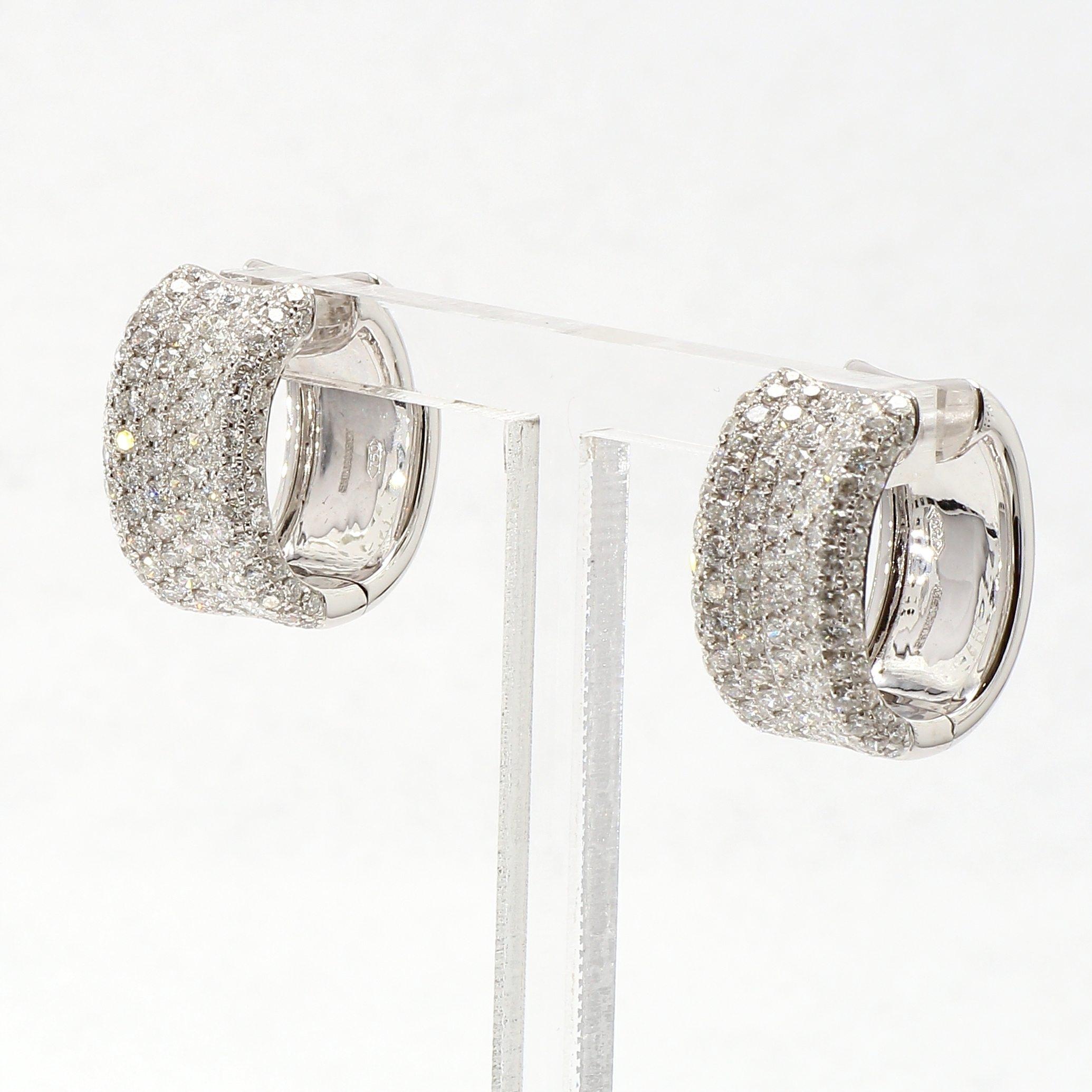 Round Cut Contemporary 18 Karat White Gold Pave Diamond Hoop Style Earrings For Sale