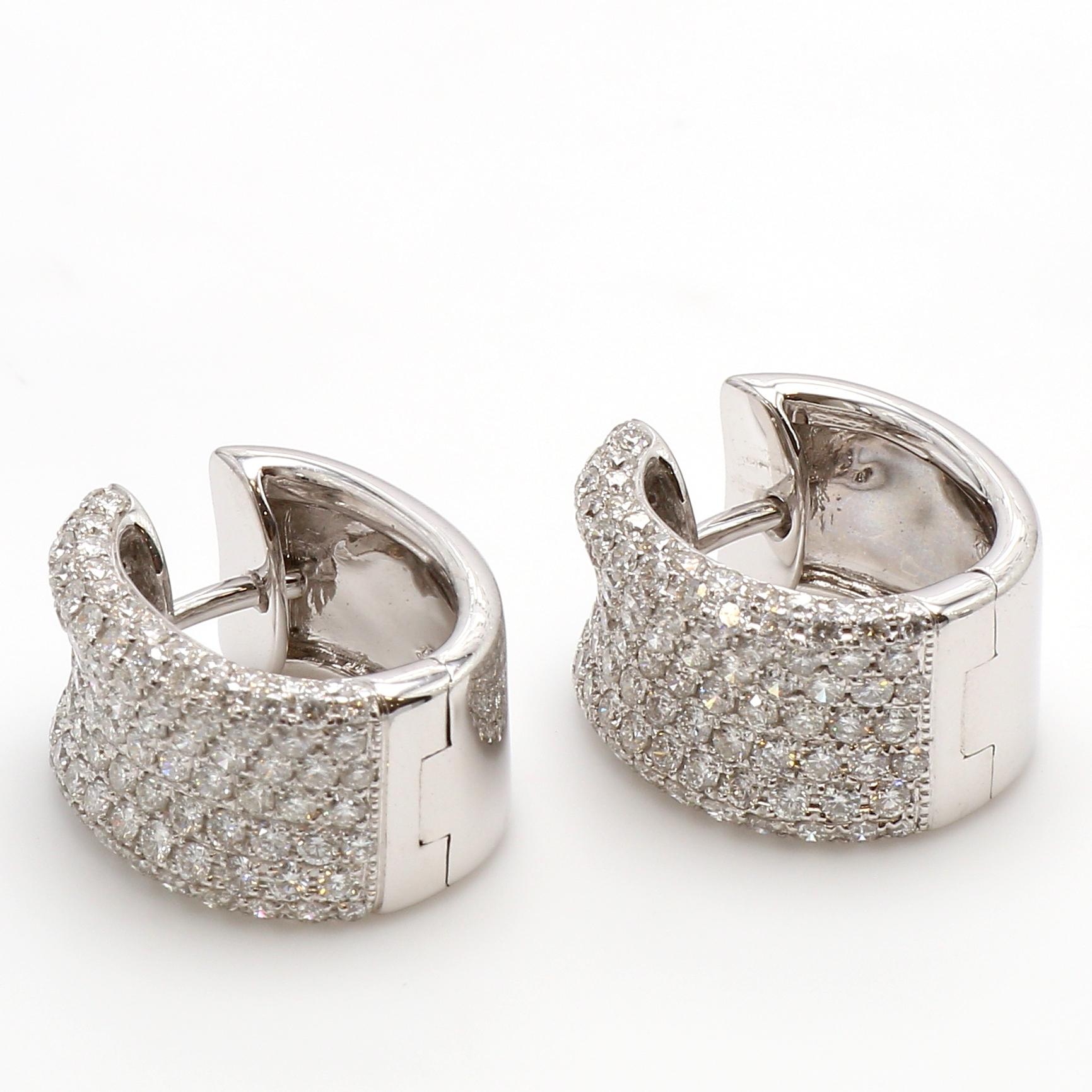 Contemporary 18 Karat White Gold Pave Diamond Hoop Style Earrings For Sale 2