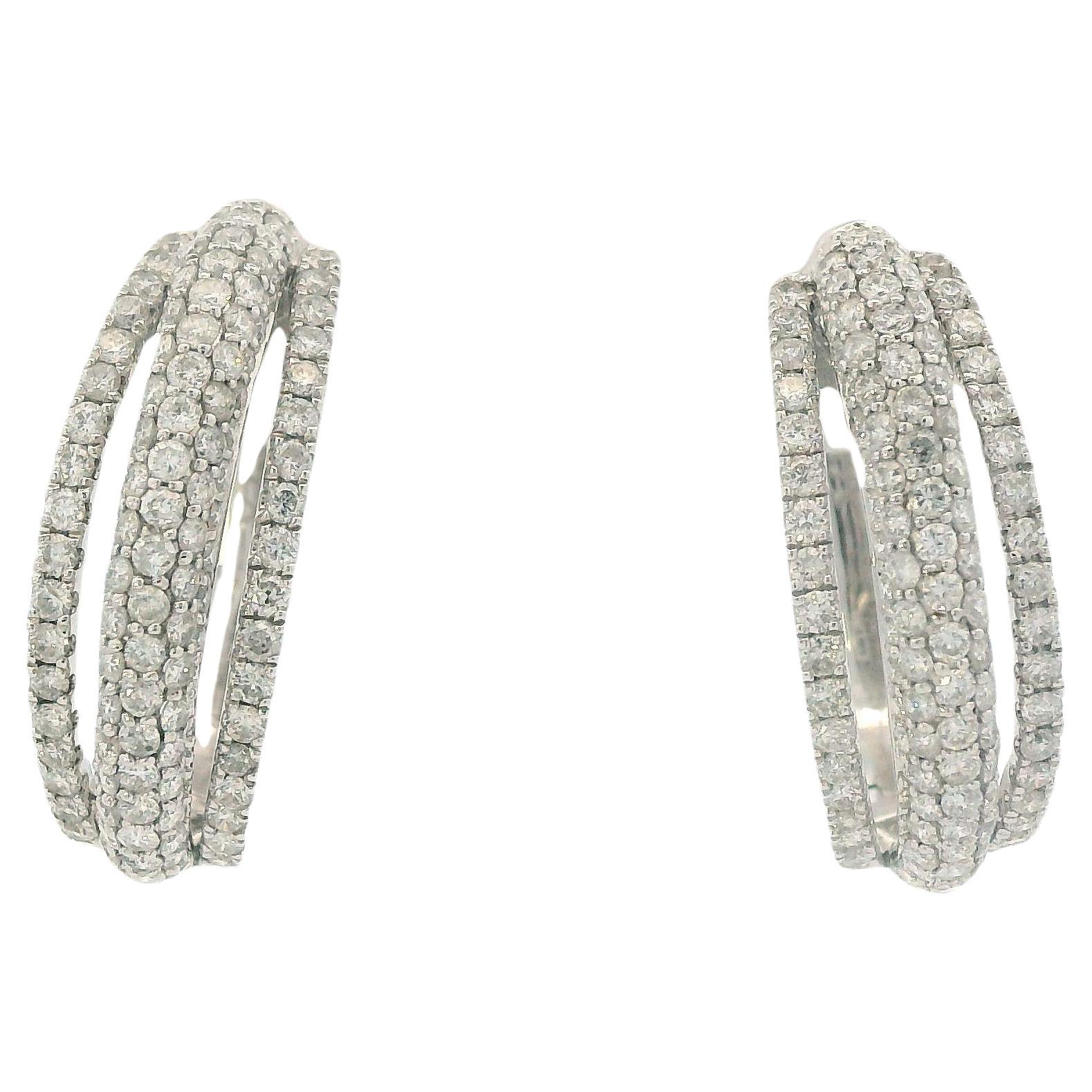 Contemporary 18K White Gold Pave Diamond Three Row Dangle Hoop Earrings
