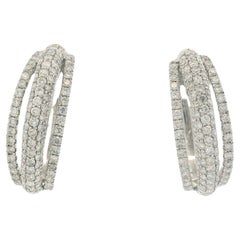 Contemporary 18K White Gold Pave Diamond Three Row Dangle Hoop Earrings