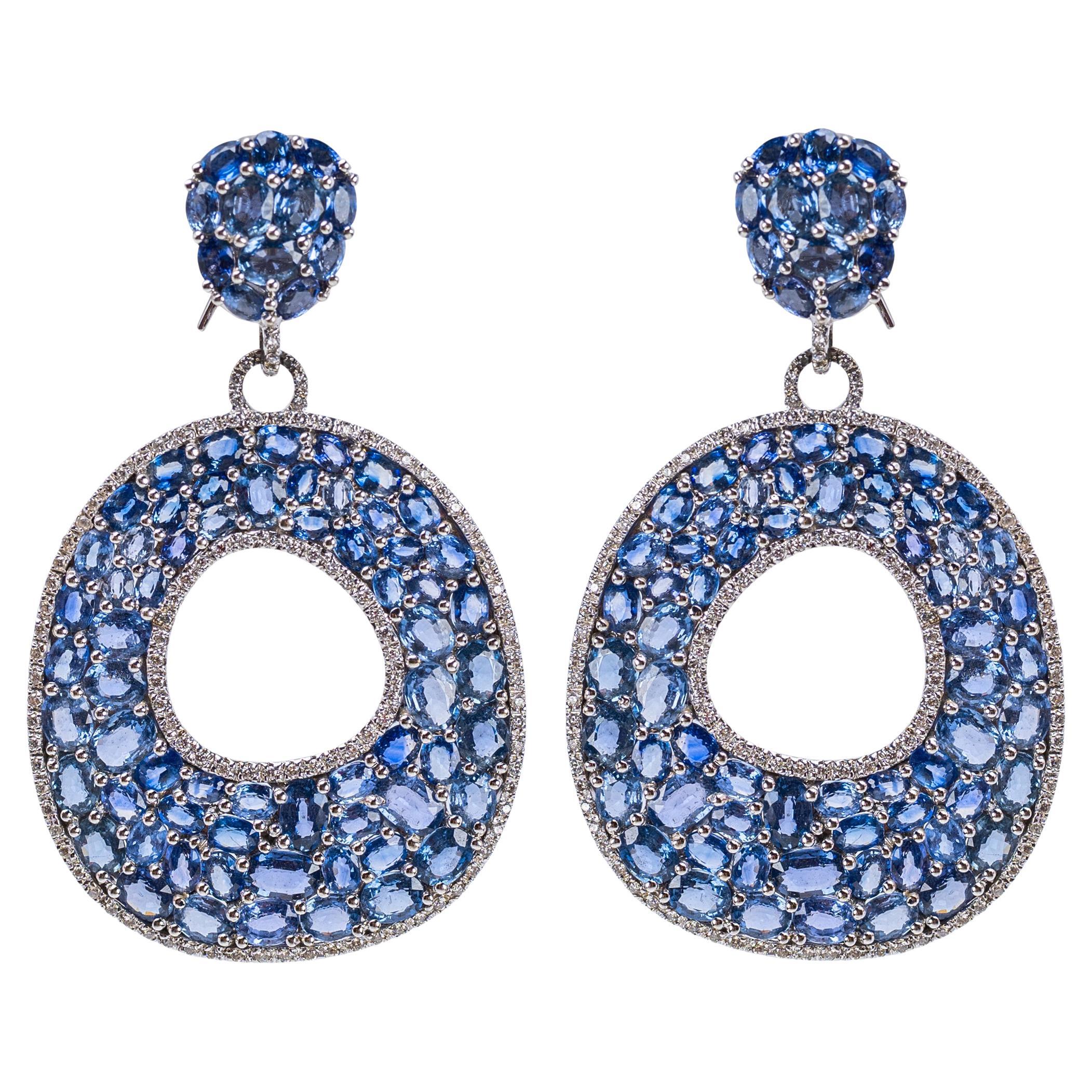 Contemporary 18K White Gold Sapphire and Diamond Drop Earrings
