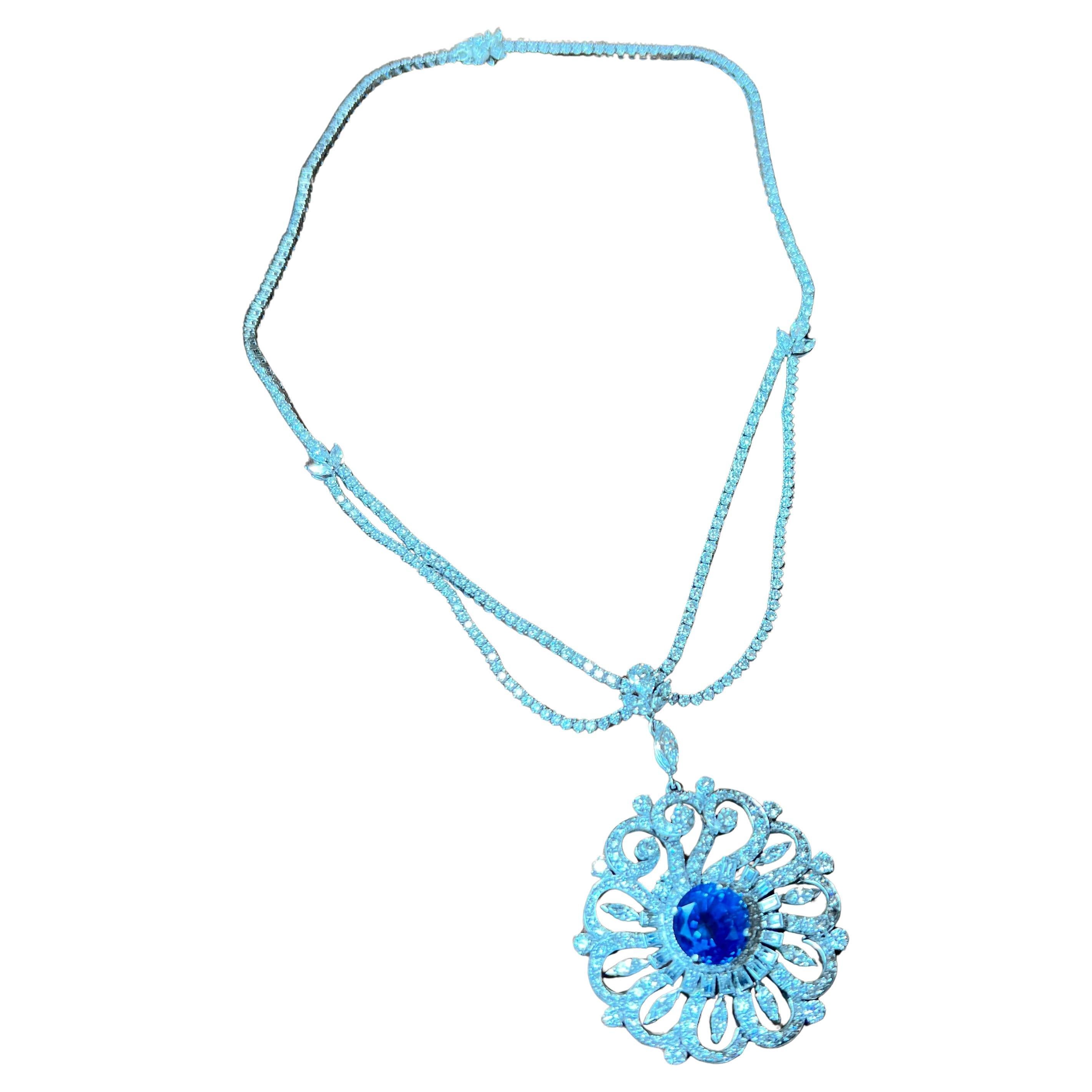 Contemporary 18K White Gold Sapphire and Diamond Pendant Necklace