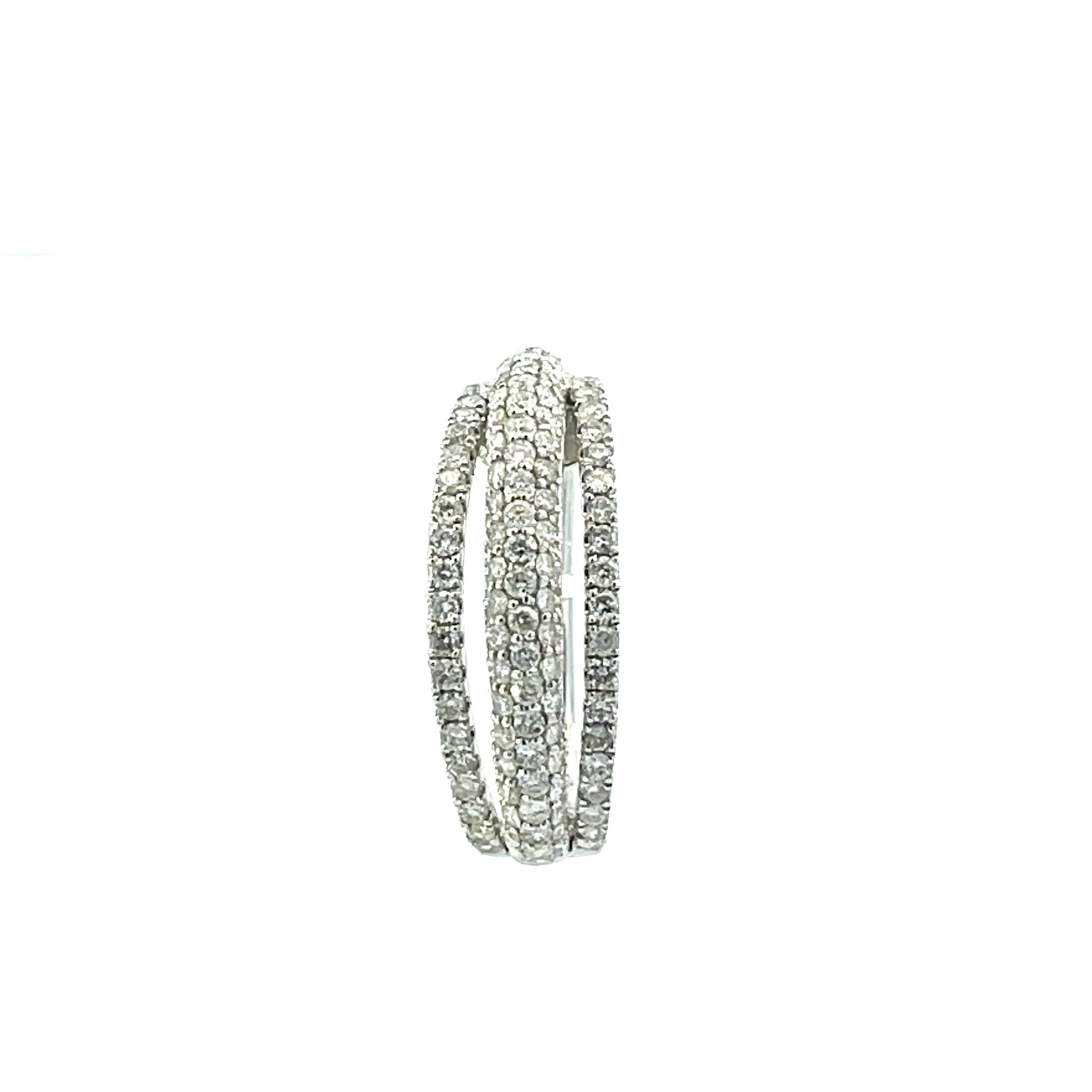 Round Cut Contemporary 18K White Gold Three Row Pave Dangle Hoop Earrings  For Sale