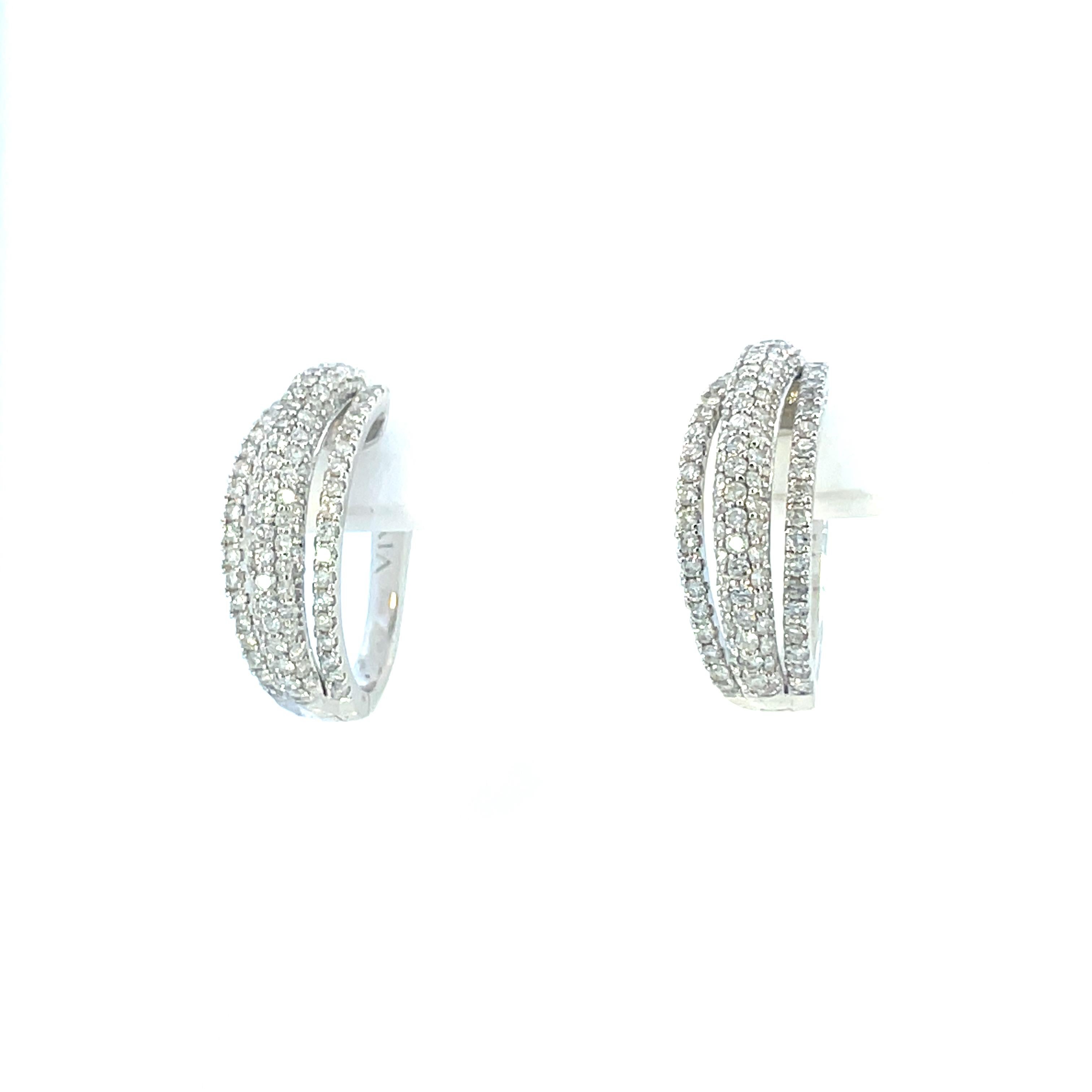 Contemporary 18K White Gold Three Row Pave Dangle Hoop Earrings  In Excellent Condition For Sale In Lexington, KY
