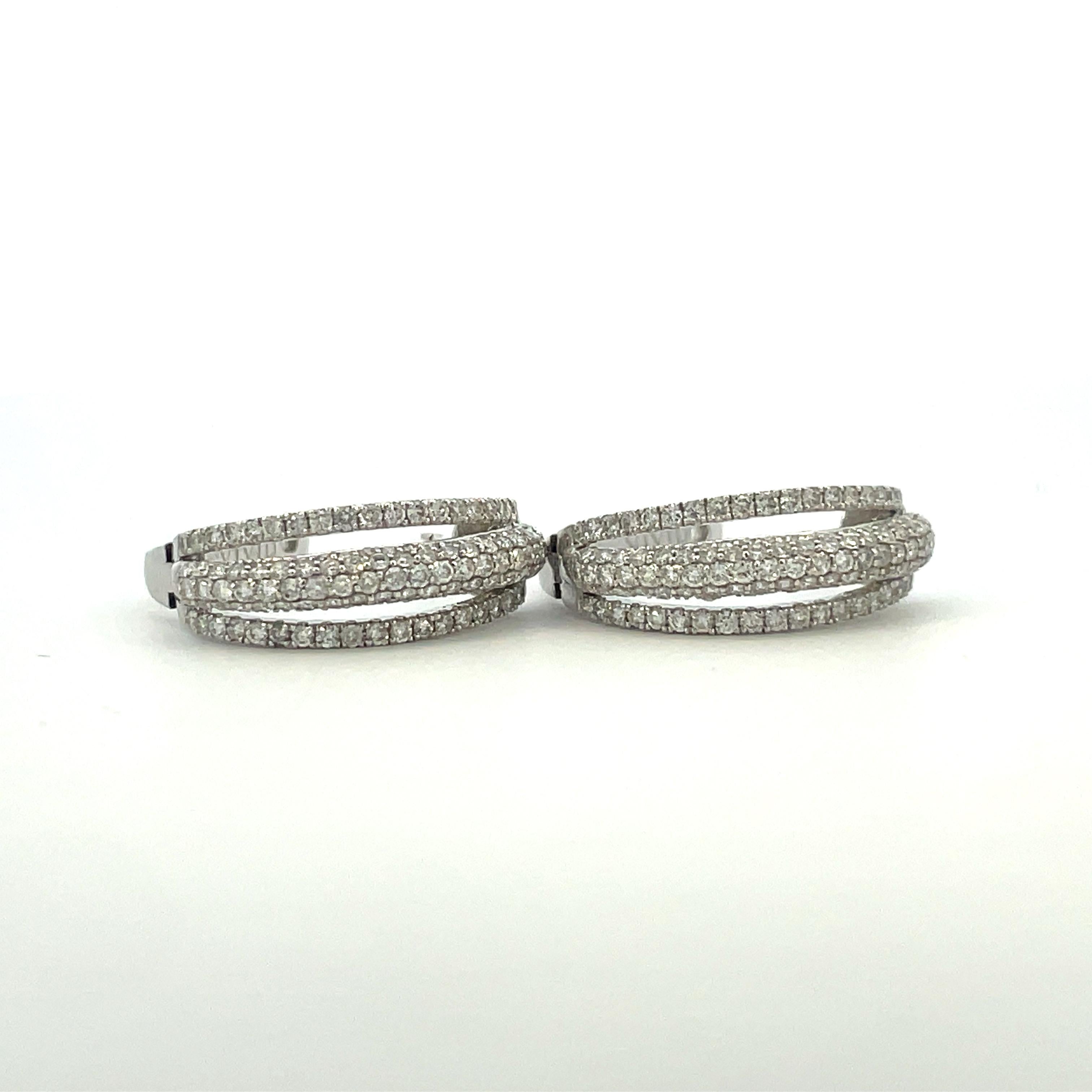 Men's Contemporary 18K White Gold Three Row Pave Dangle Hoop Earrings  For Sale