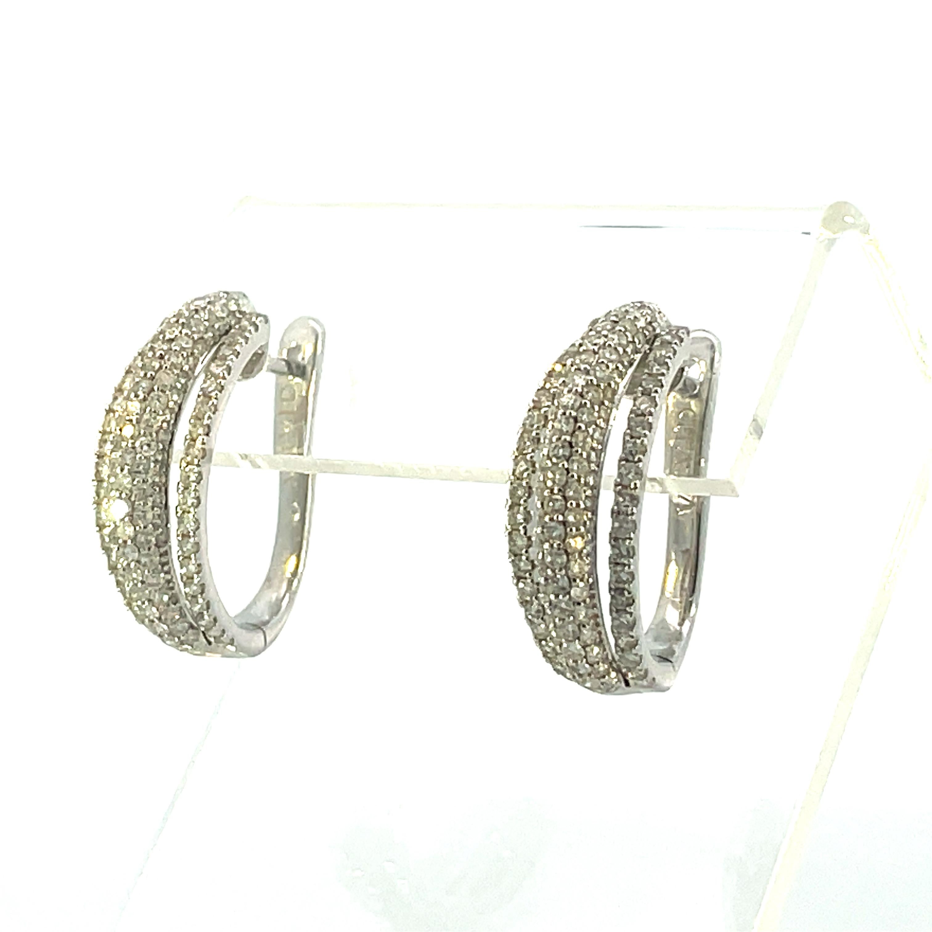 Contemporary 18K White Gold Three Row Pave Dangle Hoop Earrings  For Sale 2