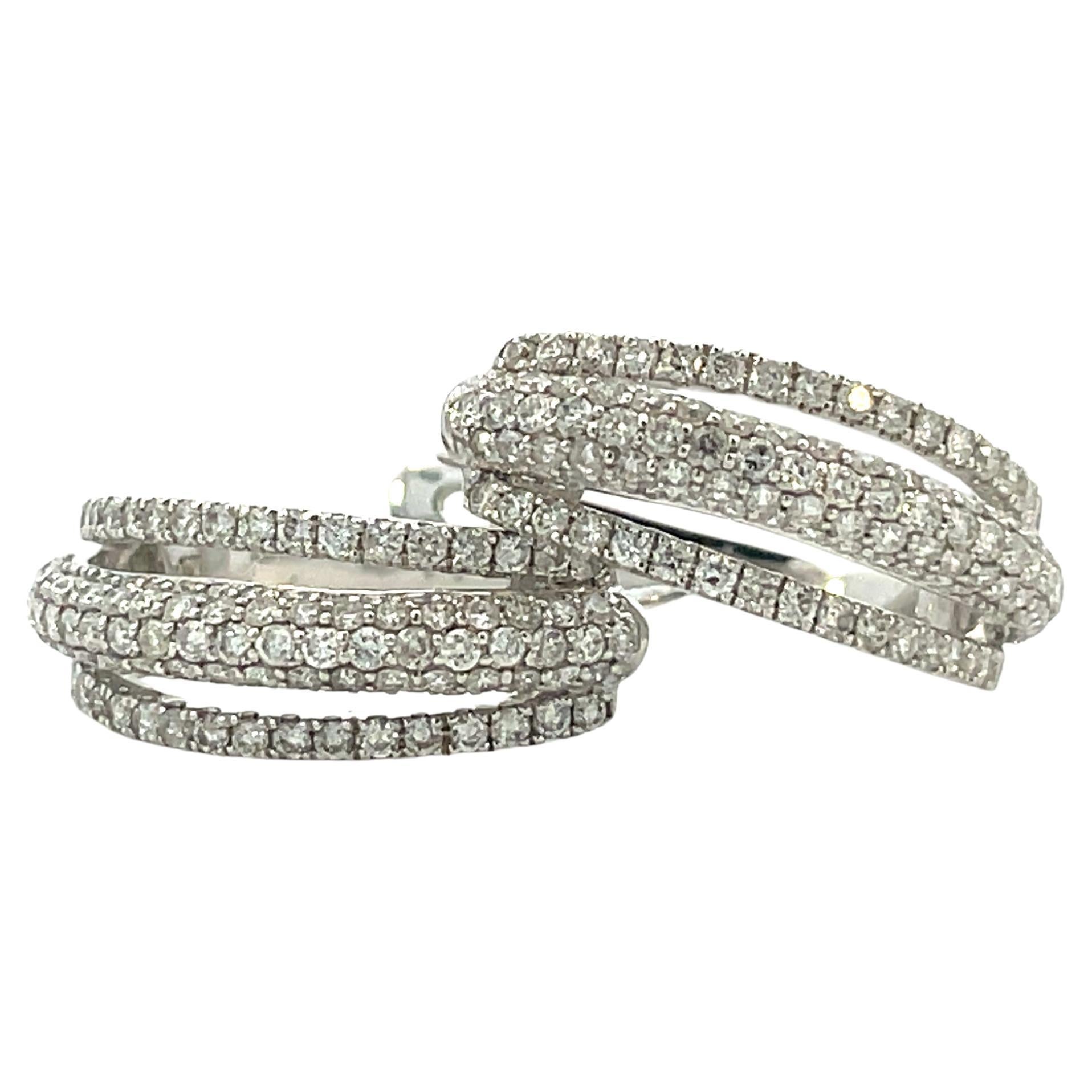 Contemporary 18K White Gold Three Row Pave Dangle Hoop Earrings  For Sale