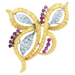 Contemporary 18k Yellow and White Gold Butterfly Pin/Pendant w/Ruby & Diamond