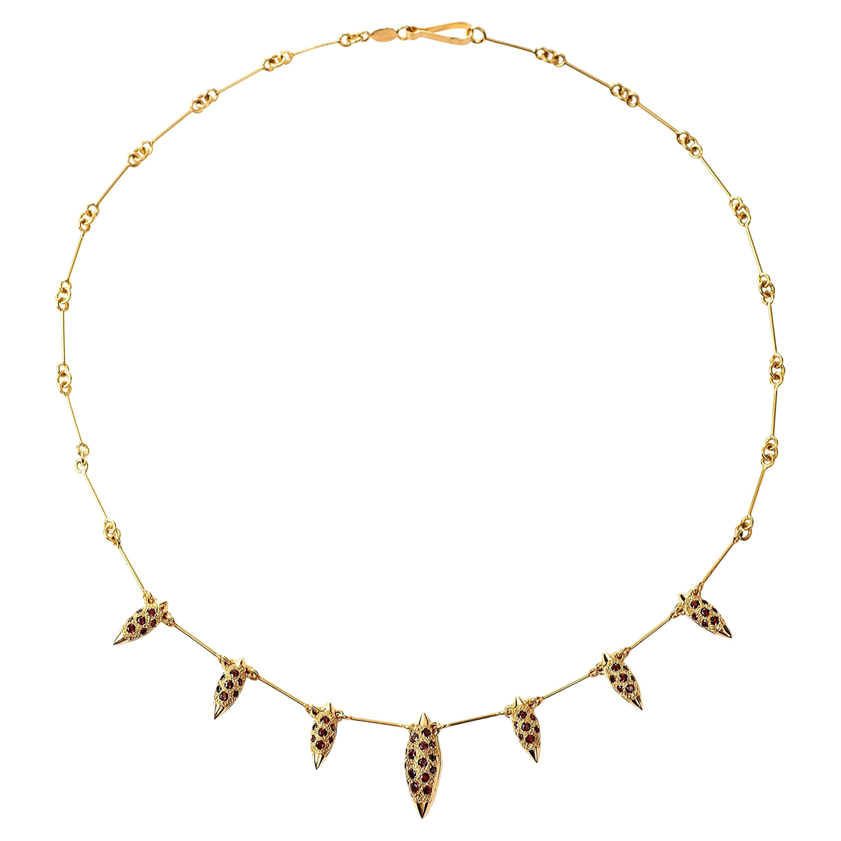 Contemporary 18k Yellow Gold and Red Garnet, Handcrafted Grain Chain Necklace