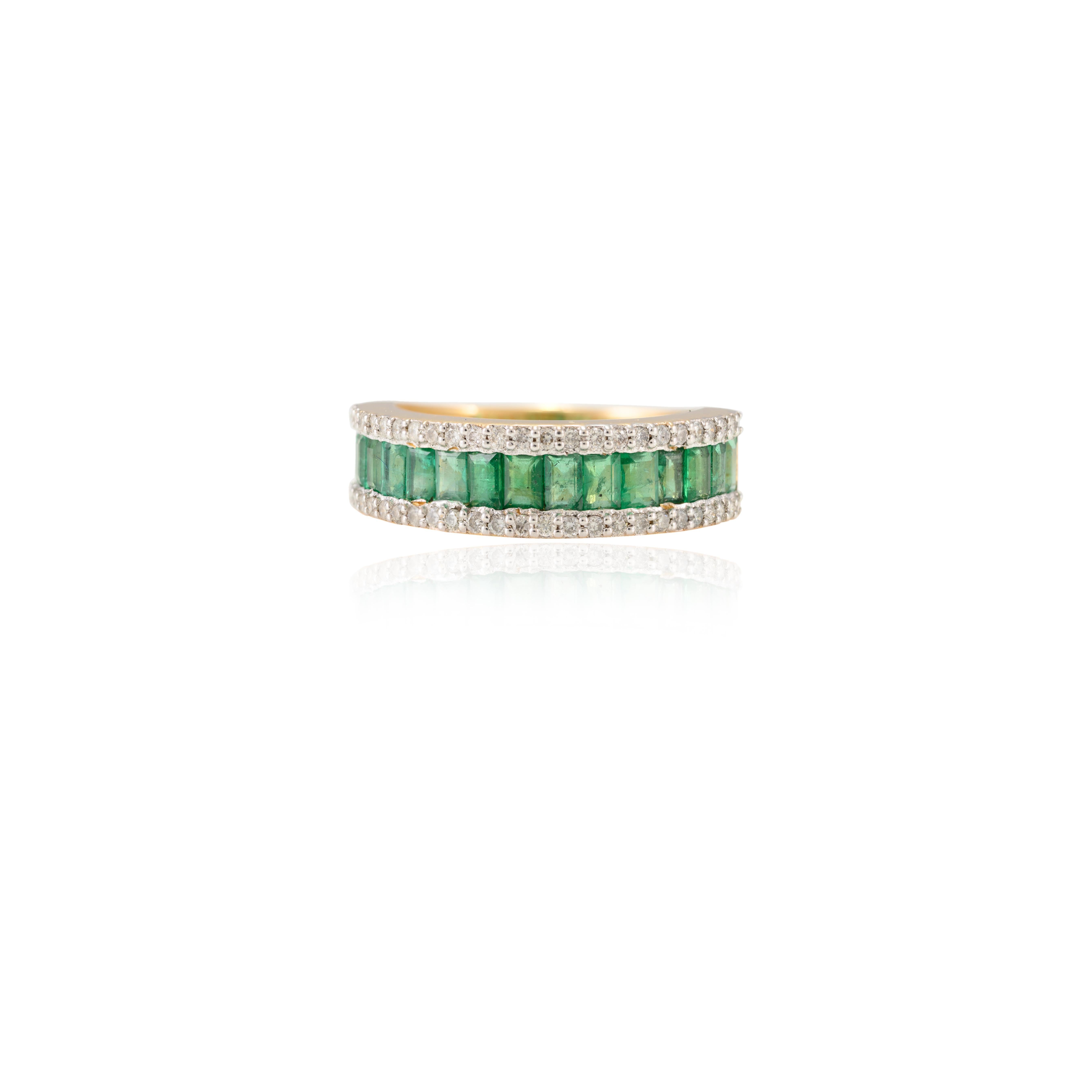 For Sale:  18k Yellow Fine Gold Baguette Cut Emerald and Diamond Engagement Band Ring 5