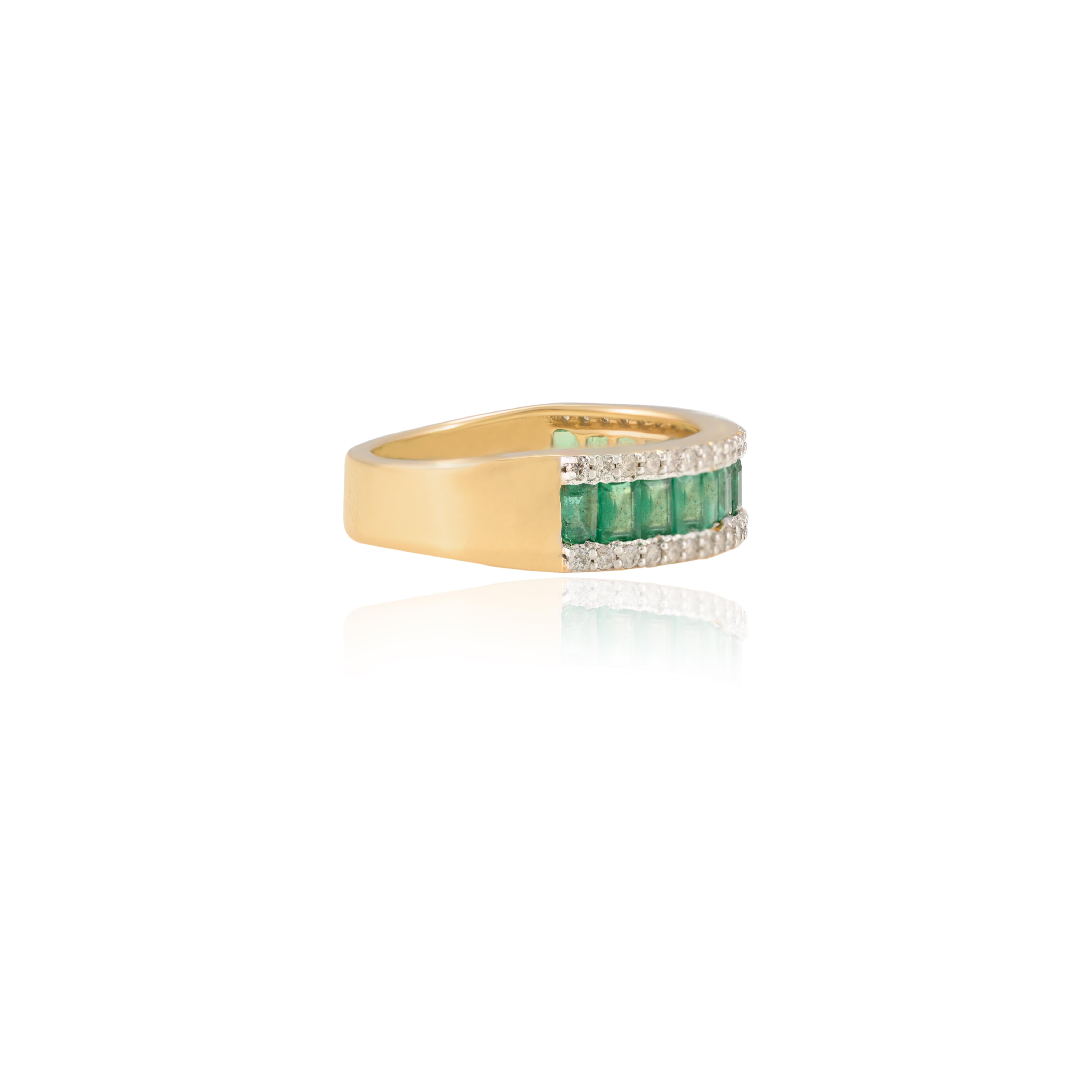 For Sale:  18k Yellow Fine Gold Baguette Cut Emerald and Diamond Engagement Band Ring 8