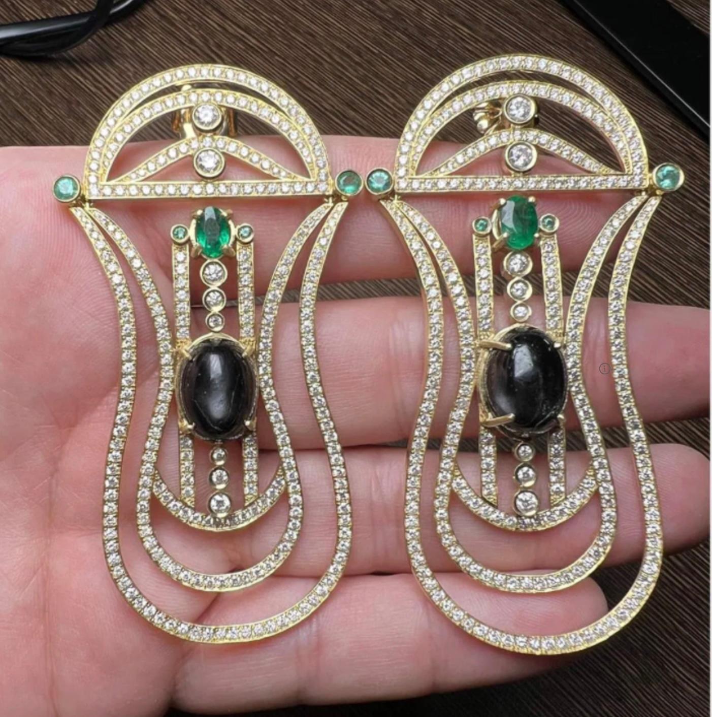 Egyptian Revival Contemporary 18K Yellow Gold Diamond, Emerald, and Black Star Sapphire Chandelie For Sale