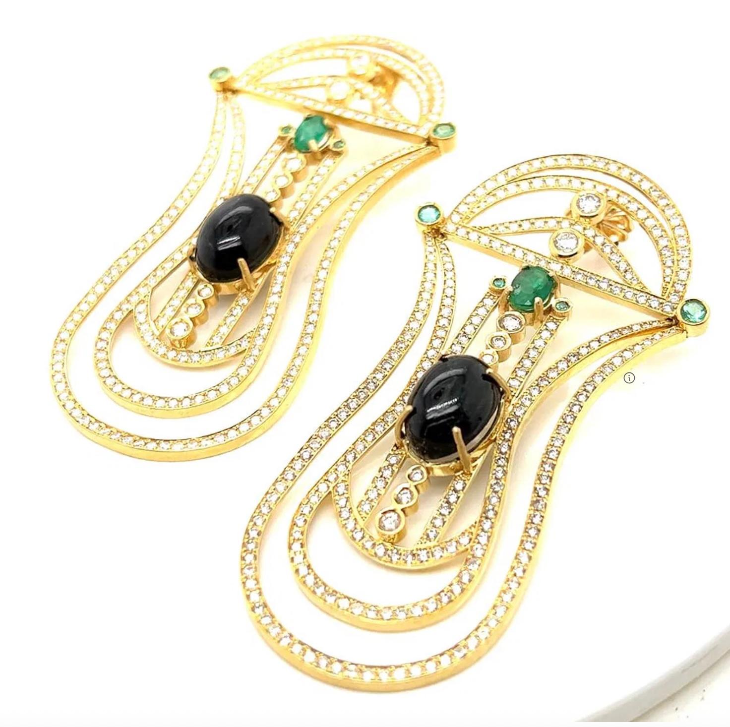 Oval Cut Contemporary 18K Yellow Gold Diamond, Emerald, and Black Star Sapphire Chandelie For Sale