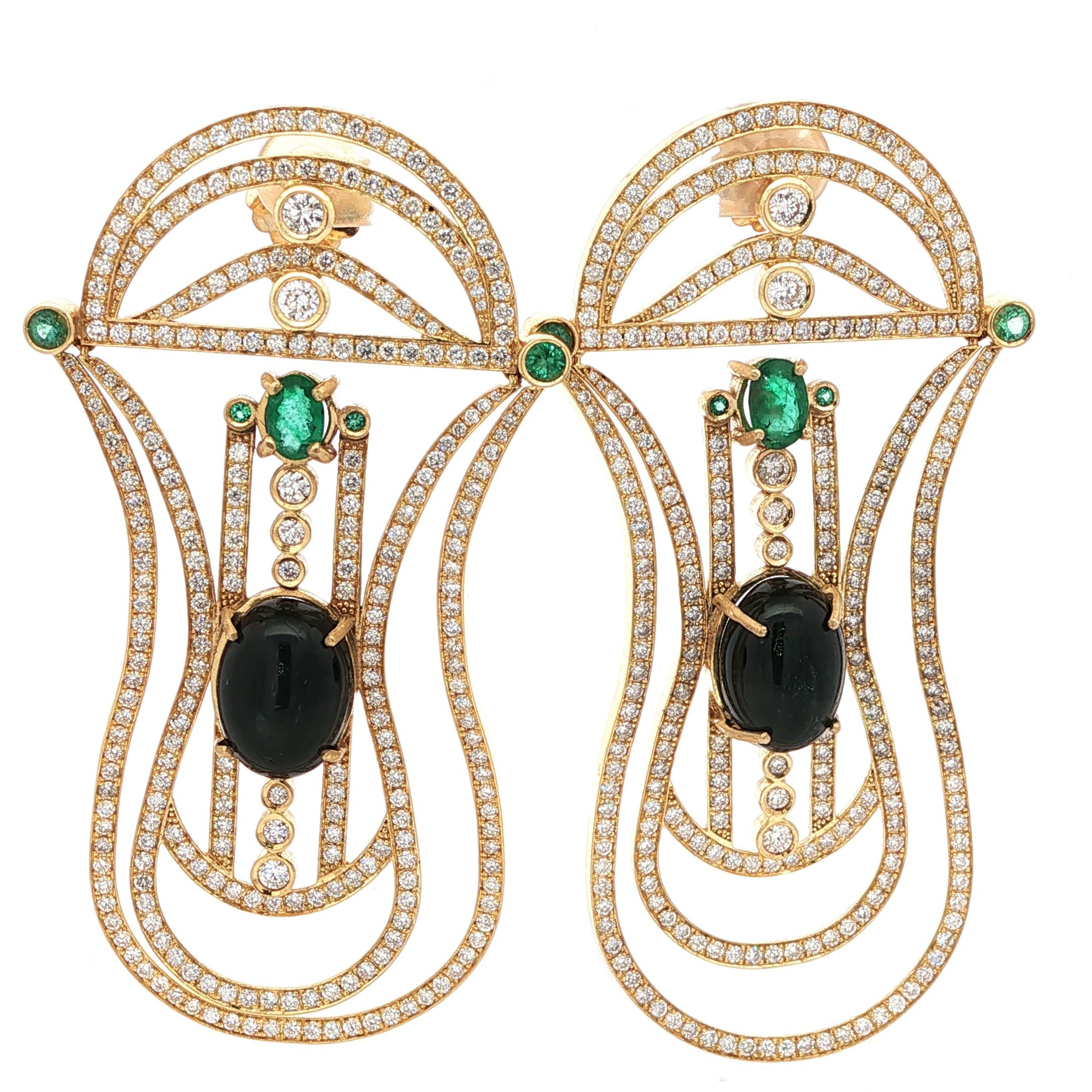 Contemporary 18K Yellow Gold Diamond, Emerald, and Black Star Sapphire Chandelie In Excellent Condition For Sale In Miami, FL