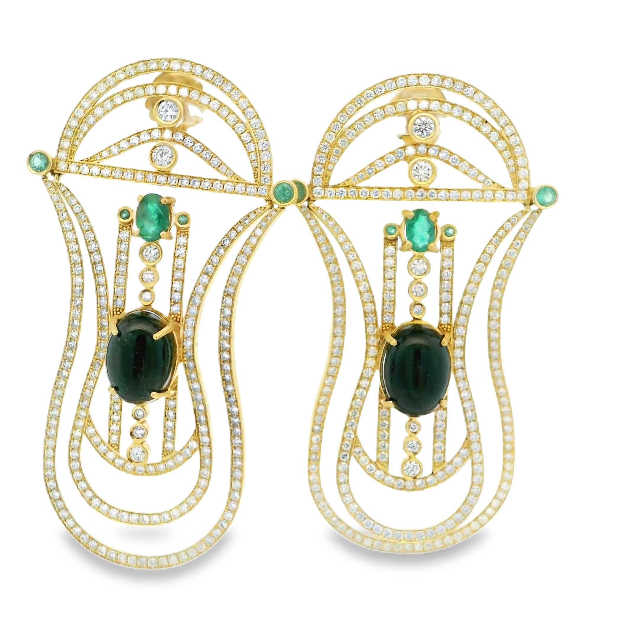 Women's Contemporary 18K Yellow Gold Diamond, Emerald, and Black Star Sapphire Chandelie For Sale