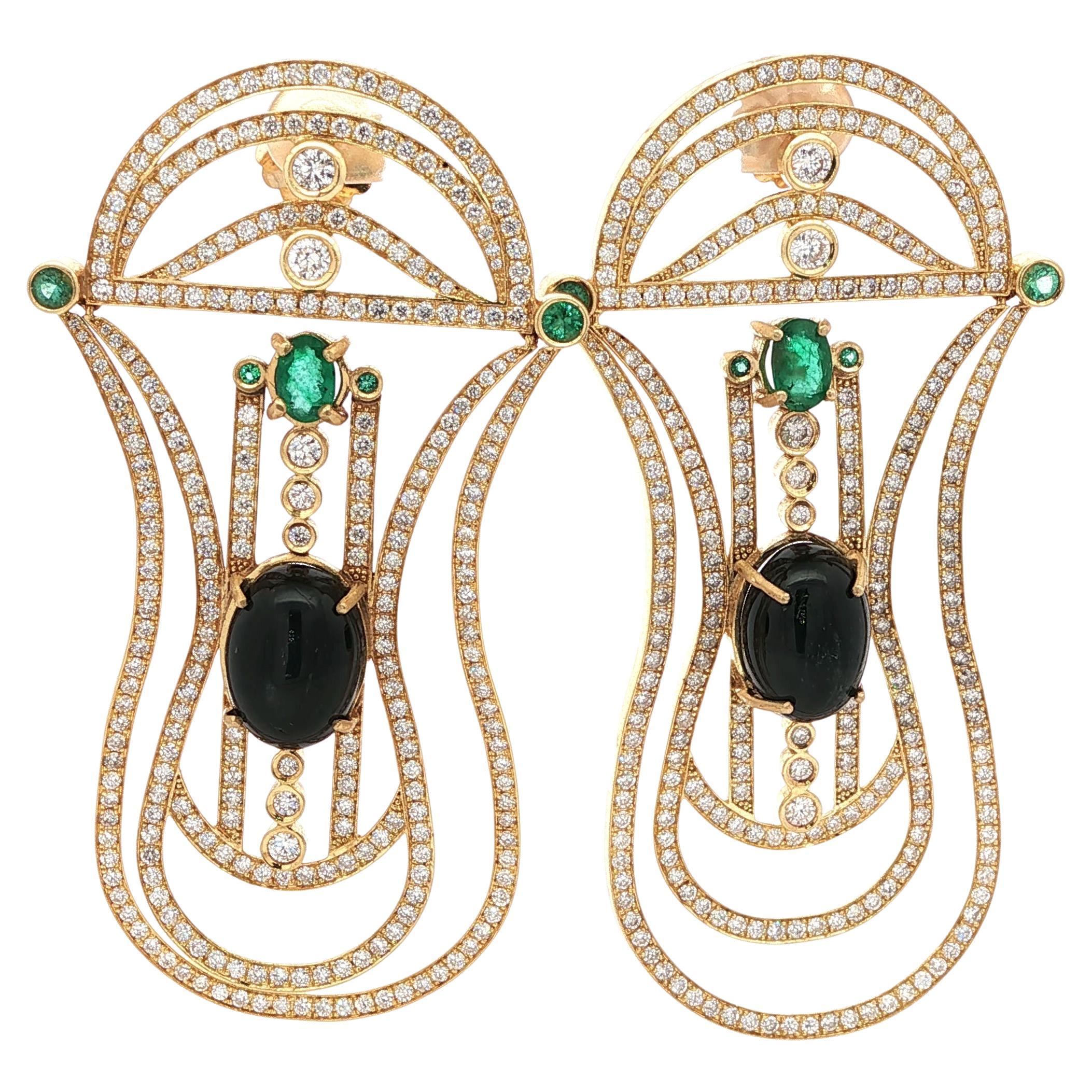 Contemporary 18K Yellow Gold Diamond, Emerald, and Black Star Sapphire Chandelie For Sale