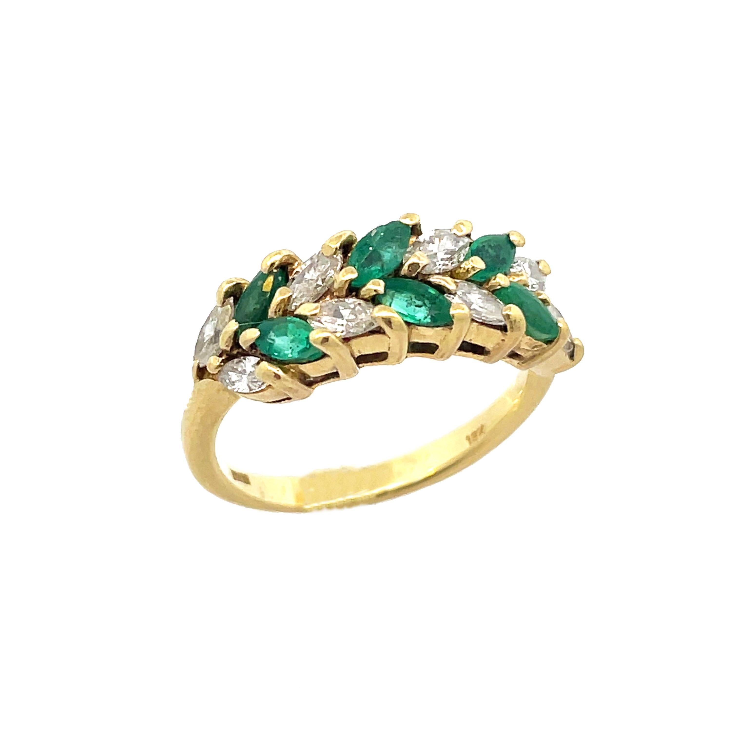 Marquise Cut Contemporary 18K Yellow Gold Emerald and Diamond Ring For Sale