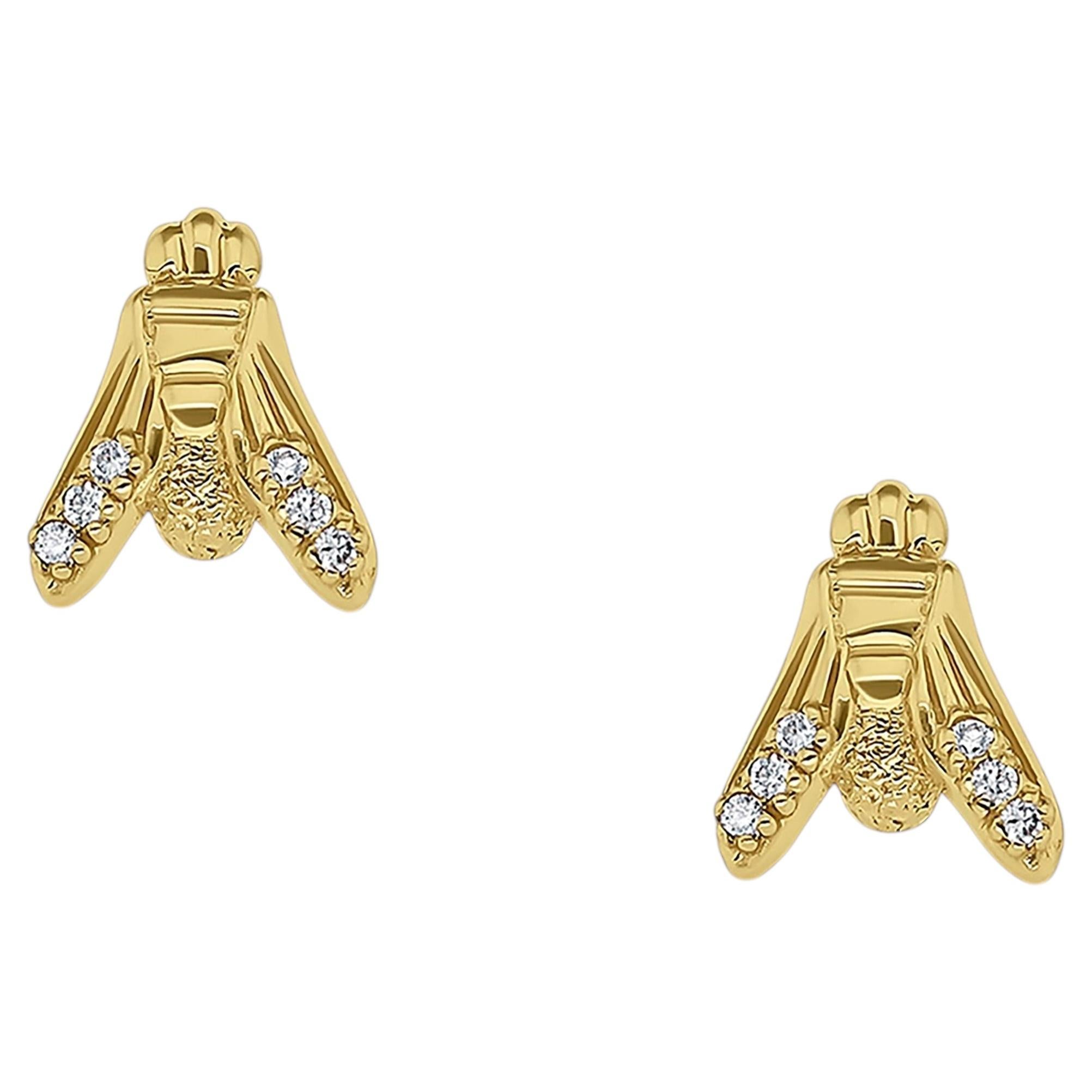 Contemporary 18K Yellow Gold Fly Emblem Diamond Accent Earrings For Sale