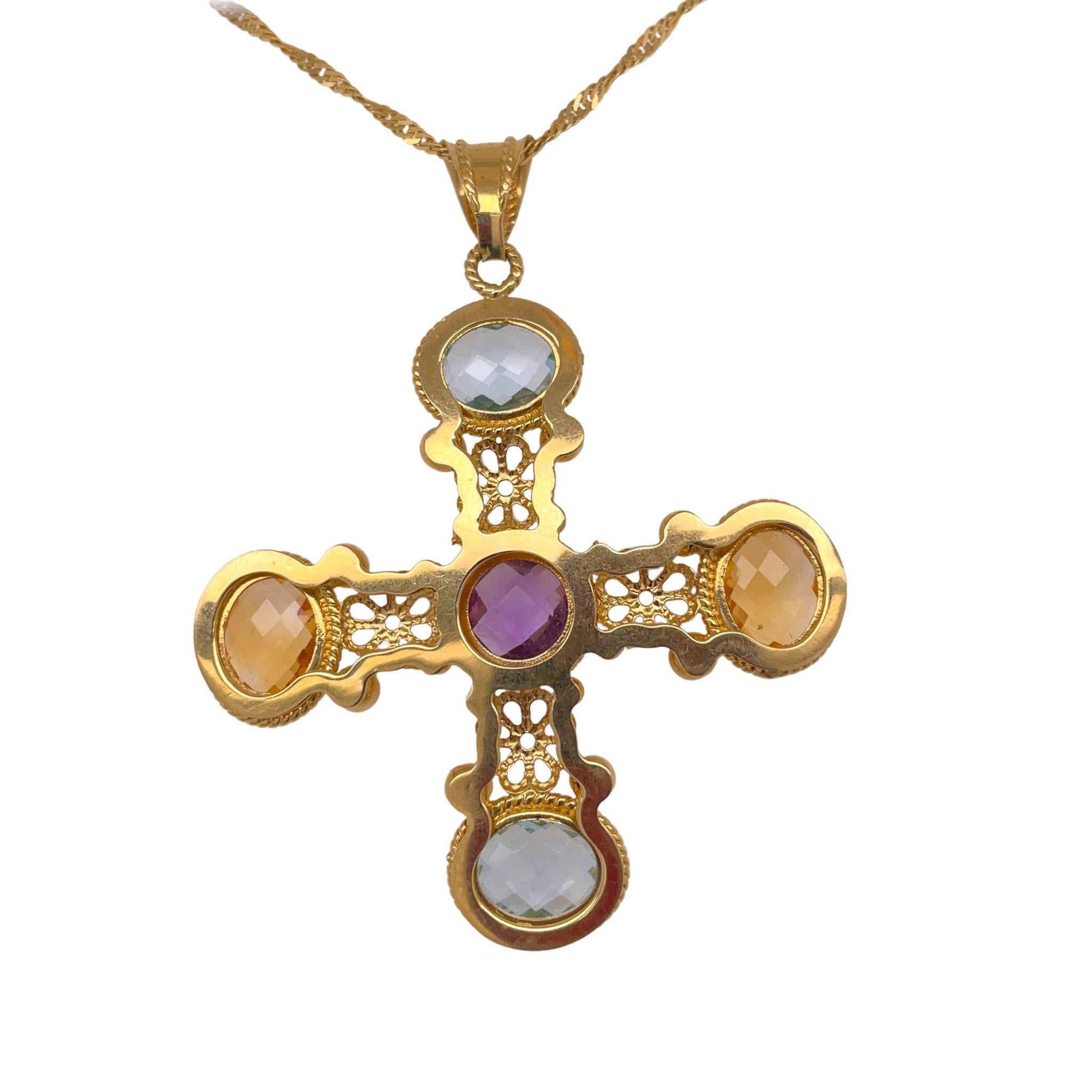 Round Cut Contemporary 18K Yellow Gold Maltese Cross Multi-Stone Pendant Necklace For Sale