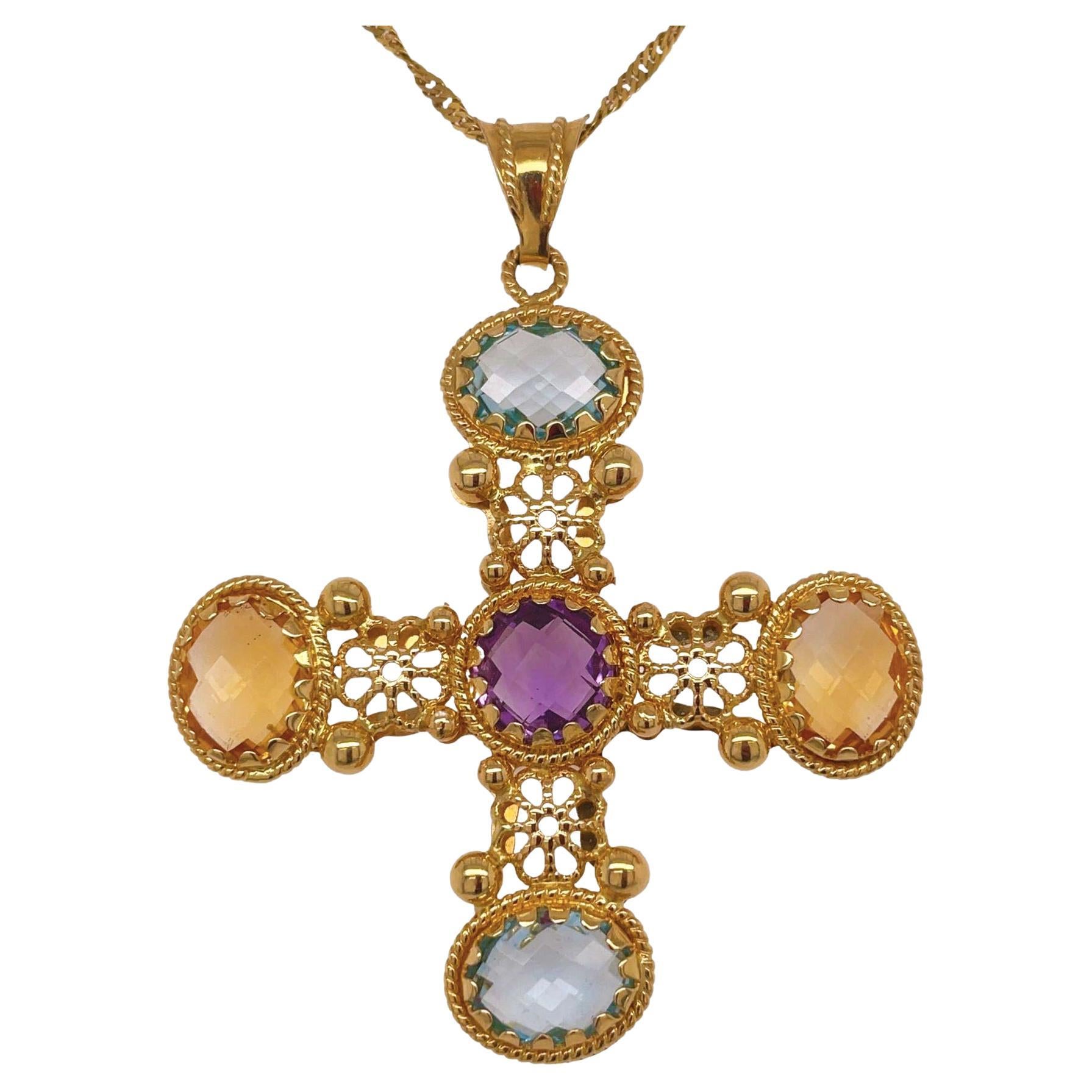 Contemporary 18K Yellow Gold Maltese Cross Multi-Stone Pendant Necklace