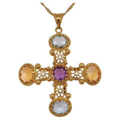 Multi Colored Gemstone Cross Necklace in 14k Yellow Gold For Sale at ...